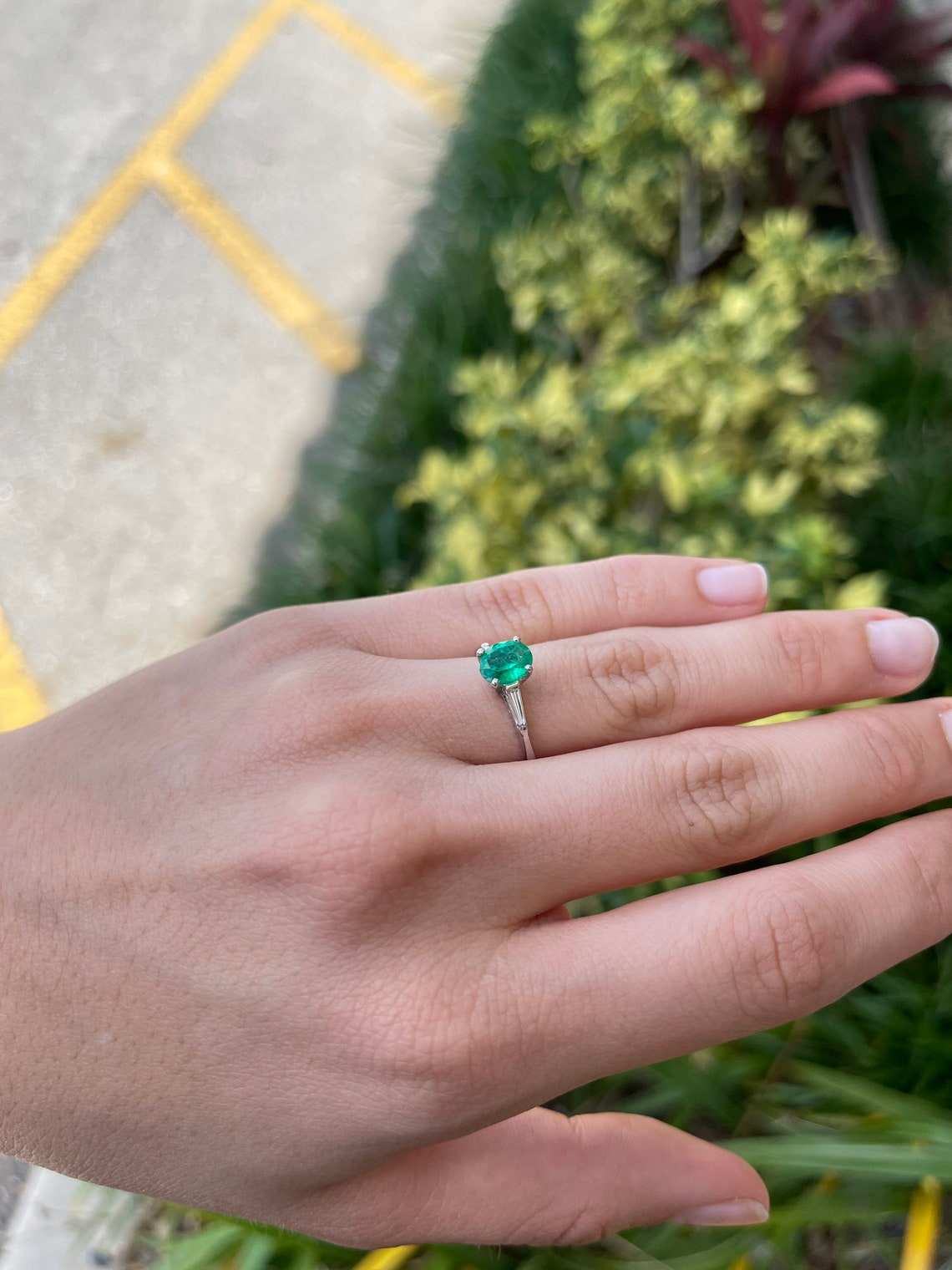 1.48tcw Colombian Emerald Oval Cut & Tapered Baguette Diamond Ring Set In Platinum - Elegant Wedding, Engagement & Anniversary Jewelry Gift for Women