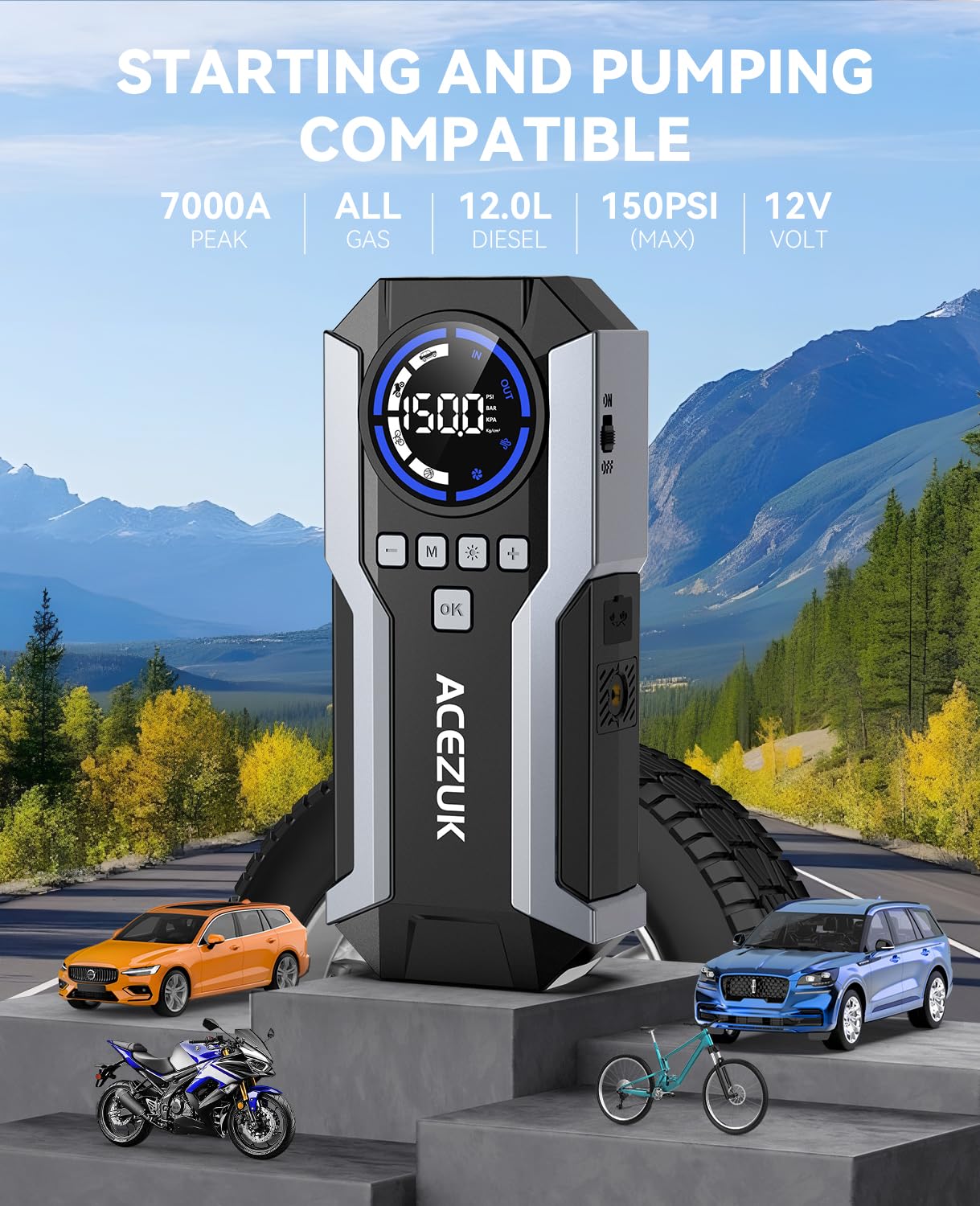 7000A 150PSI Portable Car Jump Starter with Air Compressor - 12V Battery Booster for All Gas & 10.0L Diesel Engines - Emergency Jump Starter with LCD Display & LED Lights - Perfect for Roadside Emergencies, Camping and Winter Car Maintenance