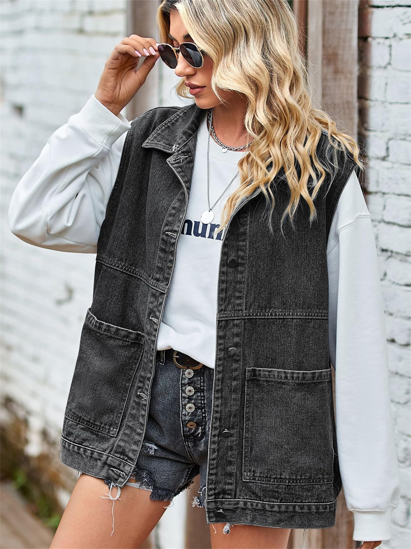 Uposiut Women's Oversized Distressed Denim Vest - Long Sleeveless Jean Jacket for Casual Outfits & Layering | Perfect for Spring, Fall & Outdoor Activities