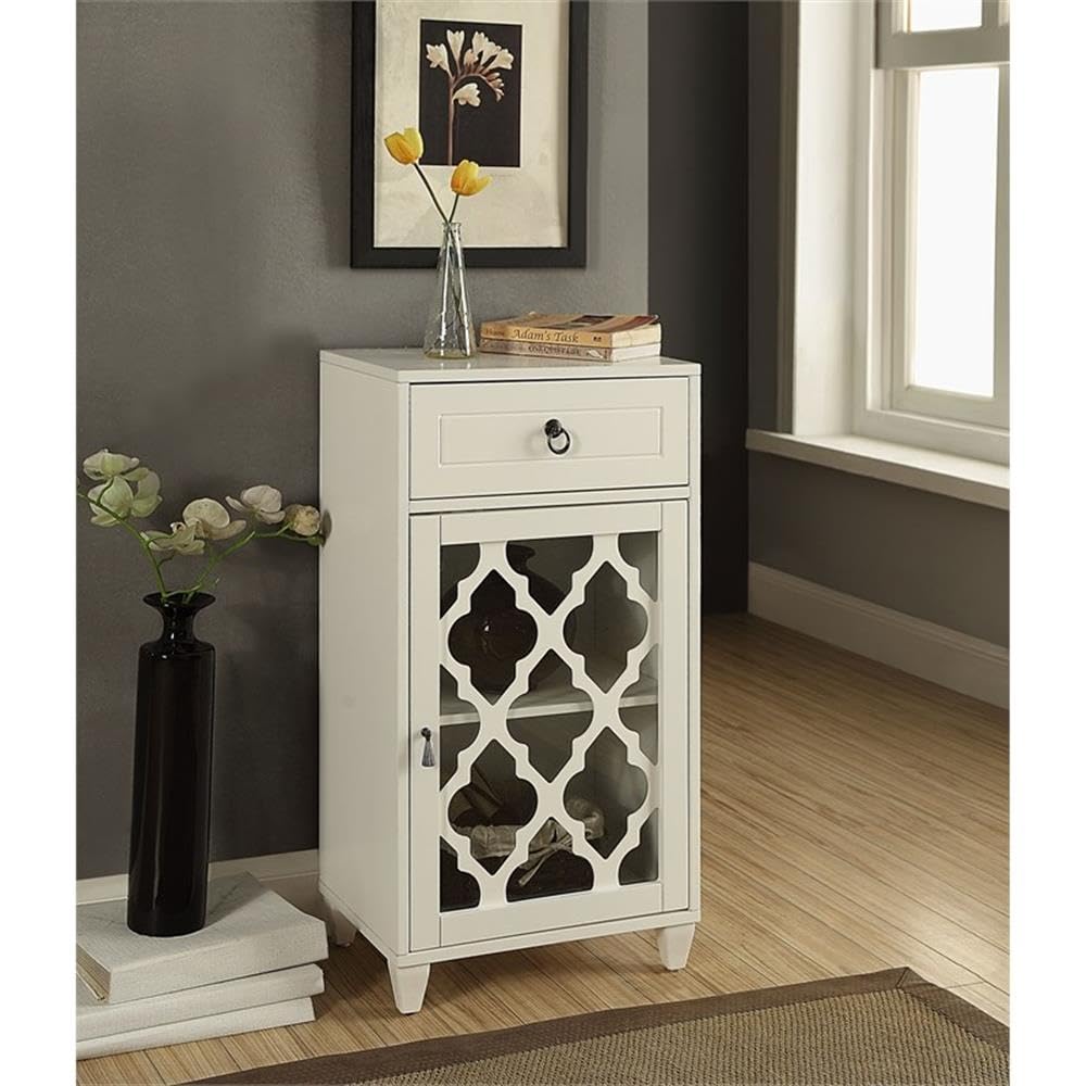 Acme Ceara White Wooden Accent Table with Storage Drawer & Glass Door - Perfect for Living Room, Bedroom or Entryway Decor