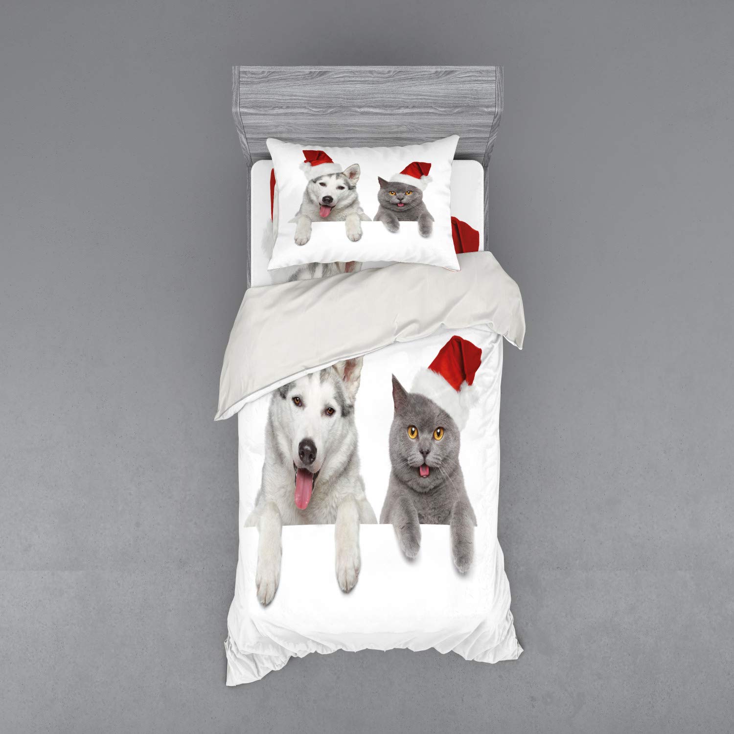 Ambesonne Christmas Bedding Set - Funny Santa Hat Dog & Cat Print Duvet Cover with Sham & Fitted Sheet, 3-Piece Twin XL Size in White Grey Red | Cozy Holiday Pet-Themed Bedroom Decor for Winter Season