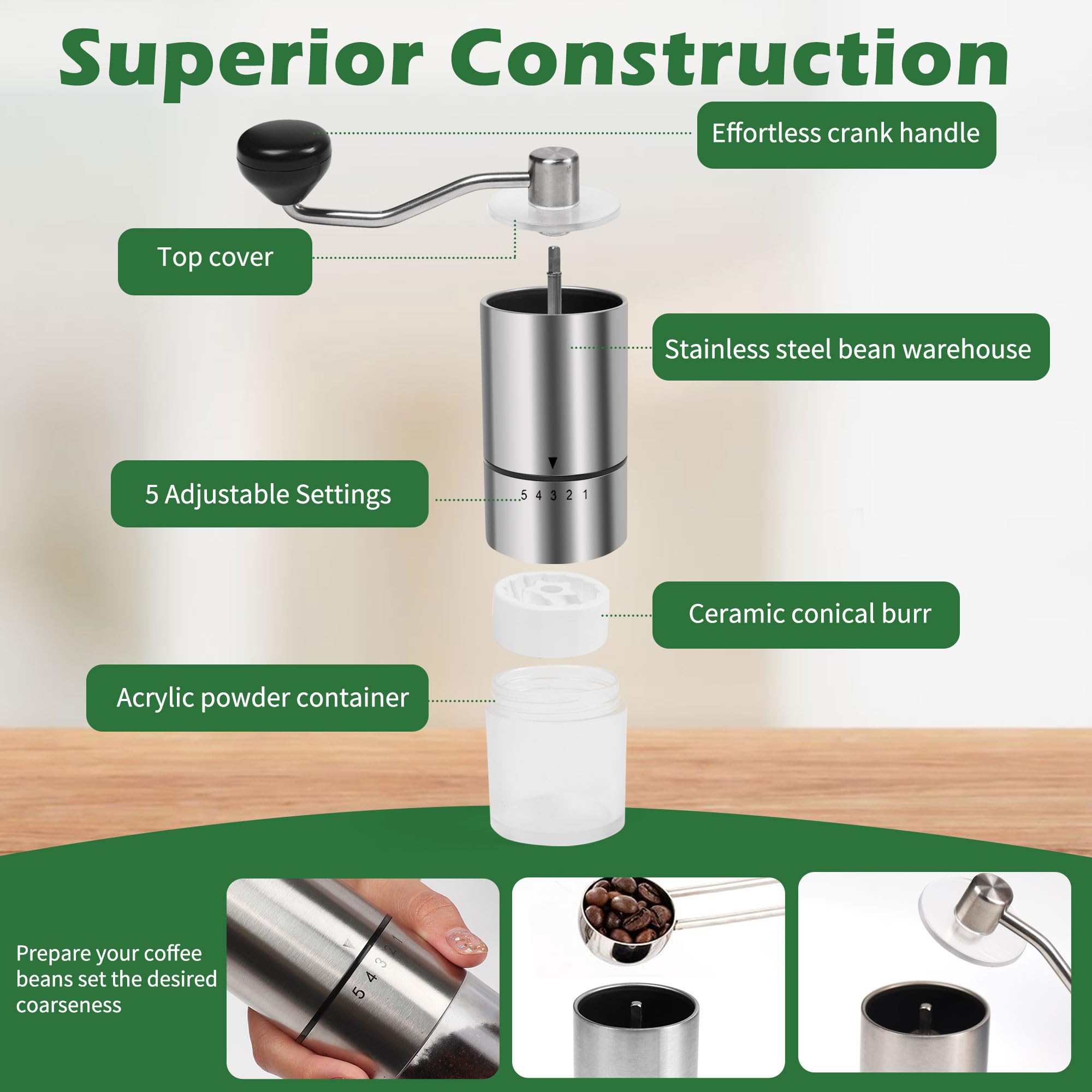 Premium Manual Coffee Grinder with Ceramic Burr - 5 Adjustable Settings for Espresso & French Press - Portable Hand Crank Coffee Bean Mill for Home, Camping & Travel - Perfect for Coffee Enthusiasts & Outdoor Adventures