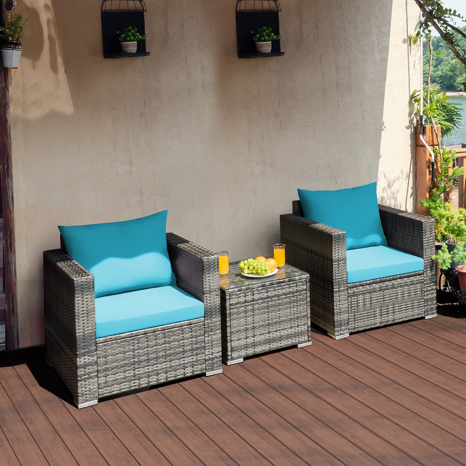 Tangkula 3-Piece PE Rattan Patio Furniture Set with Washable Cushions & Tempered Glass Table - Outdoor Wicker Sofa Conversation Set for Garden, Poolside, Backyard, Deck or Balcony Relaxation