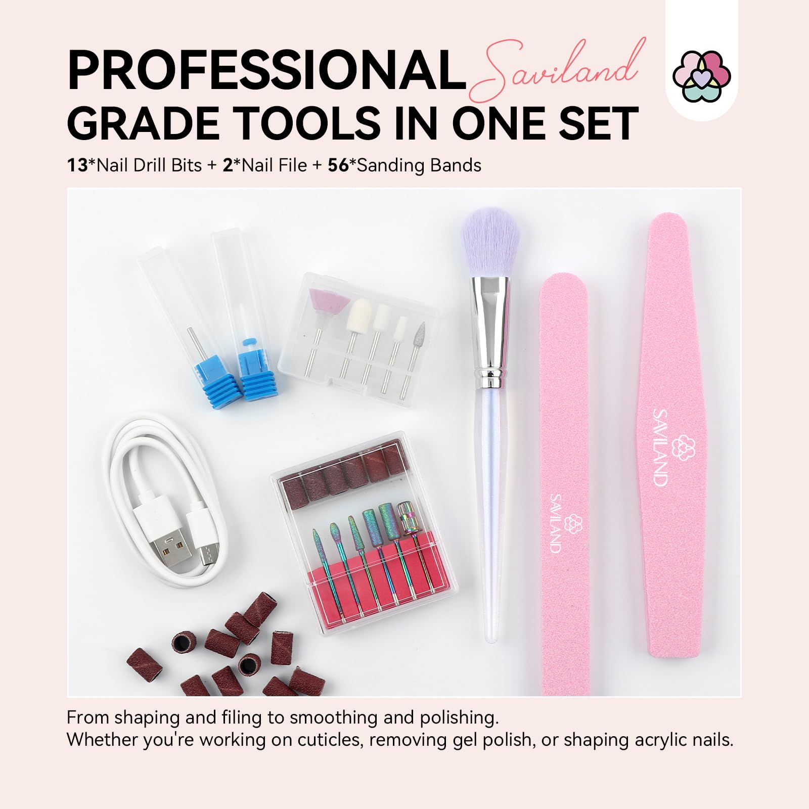 SAVILAND Professional Electric Nail Drill Kit - 40000 RPM High Speed Pink Nail File Machine with 13 Drill Bits for Acrylic, Gel, Dip & Artificial Nails | Perfect for Home Salon, Manicure & Pedicure Care