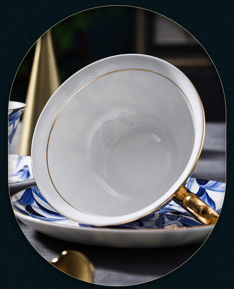 Elegant Blue Bone China Porcelain Tea Cup Set - British Ceramic Coffee Cups with Saucer in Gift Box - Perfect for Afternoon Tea, Bridal Shower & Home Decor