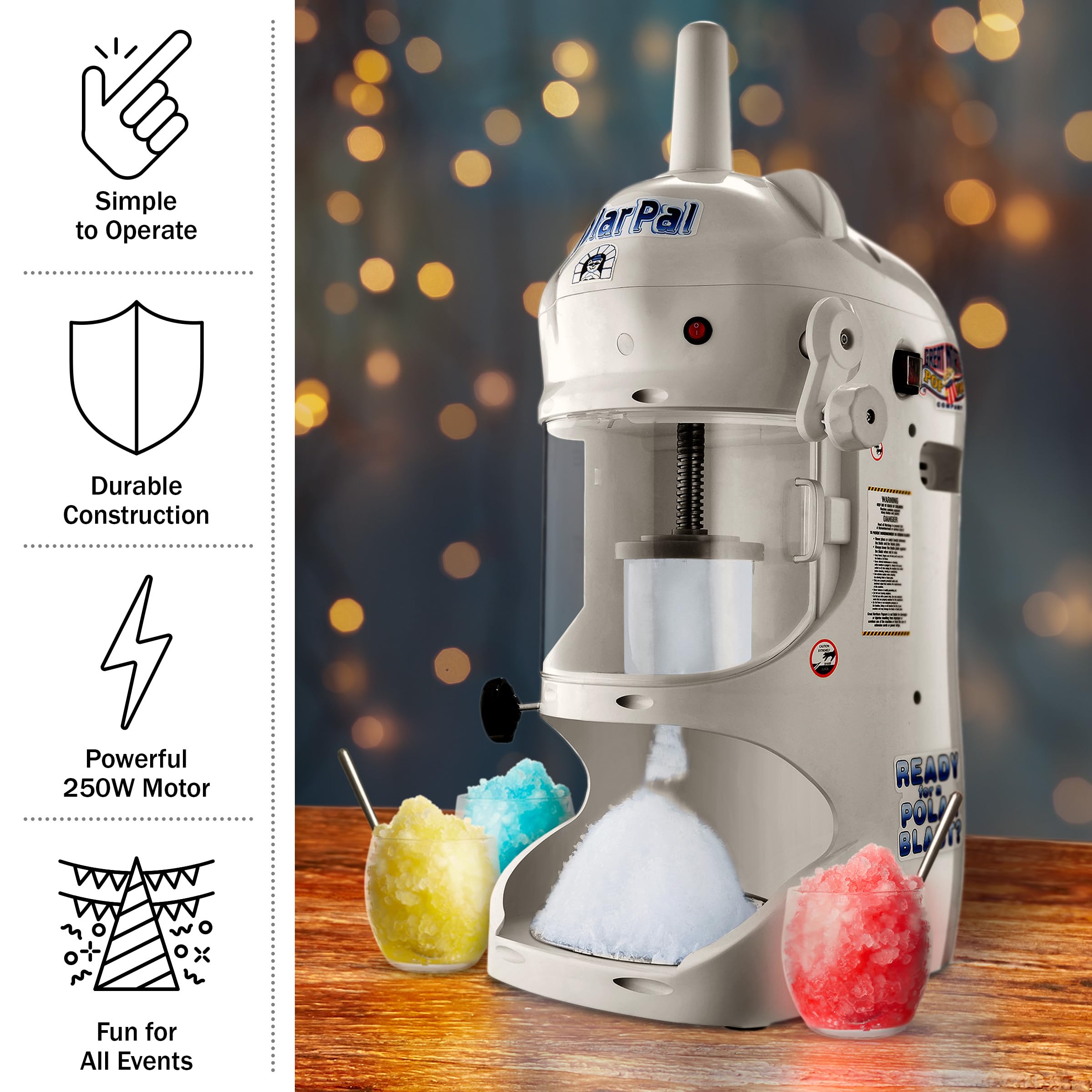 Great Northern Popcorn Electric Ice Shaver Machine - 250W High Power, 210lbs/hr Capacity, 1420RPM Stainless Steel Blade for Perfect Shaved Ice - White Snow Cone Maker & Ice Crusher for Parties, Events, and Home Use