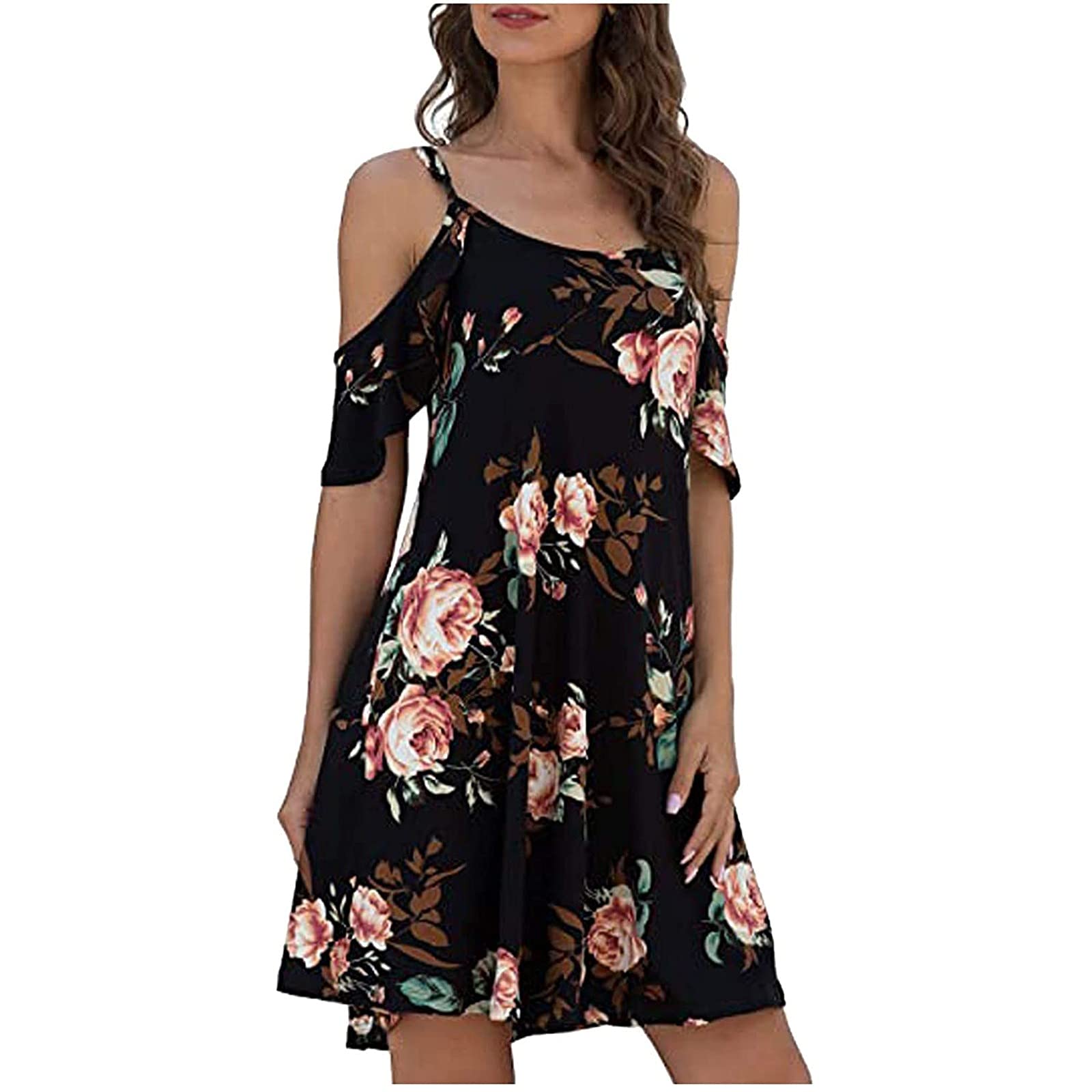 Women's Floral Print Off Shoulder Short Sleeve Summer Dress - Plus Size Tank Dress for Evening Party, Beach Vacation & Casual Outings