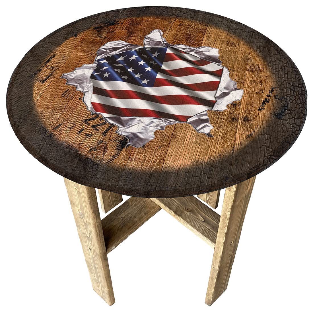 American Flag Wooden Whiskey Barrel End Table - Rustic Farmhouse Decor, Patriotic Gift for Home & Office | Perfect for Living Room, Man Cave, or Outdoor Entertaining