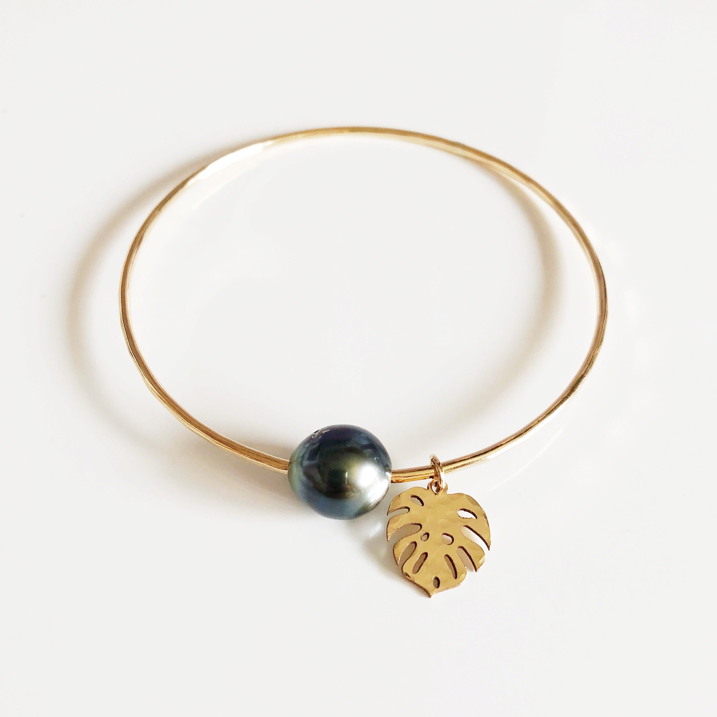 Monstera Bangle Bracelet with Tahitian Pearl (B380) - Elegant Handmade Jewelry for Women, Perfect for Weddings, Parties & Everyday Wear