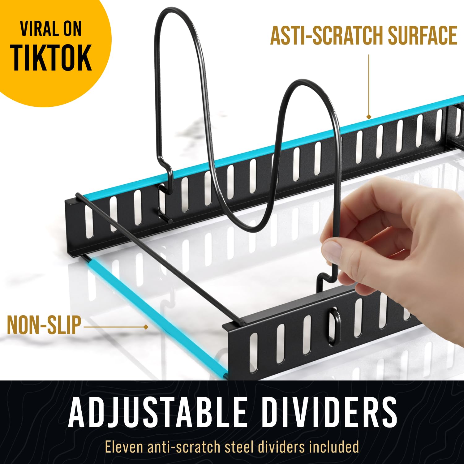 Norcalway Adjustable Bakeware Organizer - 11 Dividers Under Cabinet Storage for Cookie Sheets, Baking Pans & Pot Lids | Space-Saving Kitchen Cabinet Organizer for Baking Supplies & Cookware Accessories | Perfect for Small Kitchens & Organized Home Cooks
