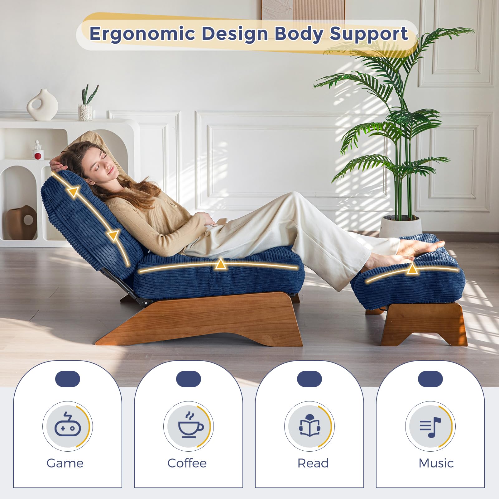 MAXYOYO Adjustable Accent Chair with Ottoman Set - Tufted Lounge Chair in Navy Blue for Living Room, Bedroom & Office - Comfortable Modern Furniture for Relaxing & Reading