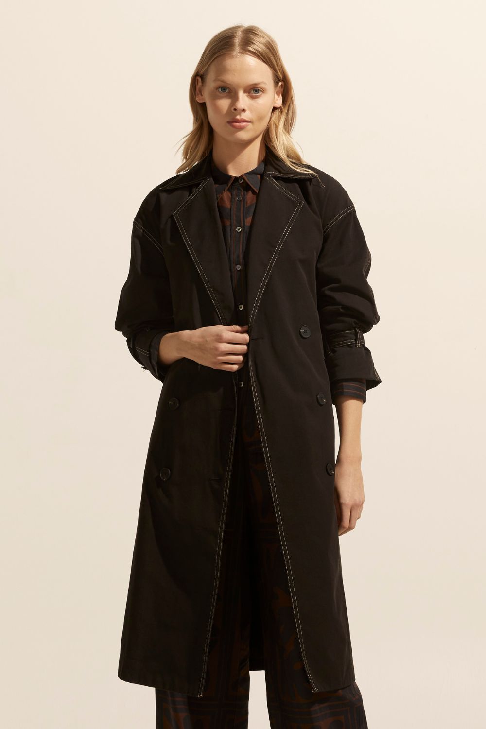 Agent Black Contrast Stitch Trench Coat for Women - Stylish Waterproof Long Coat with Belt - Perfect for Office, Travel & Fall Fashion