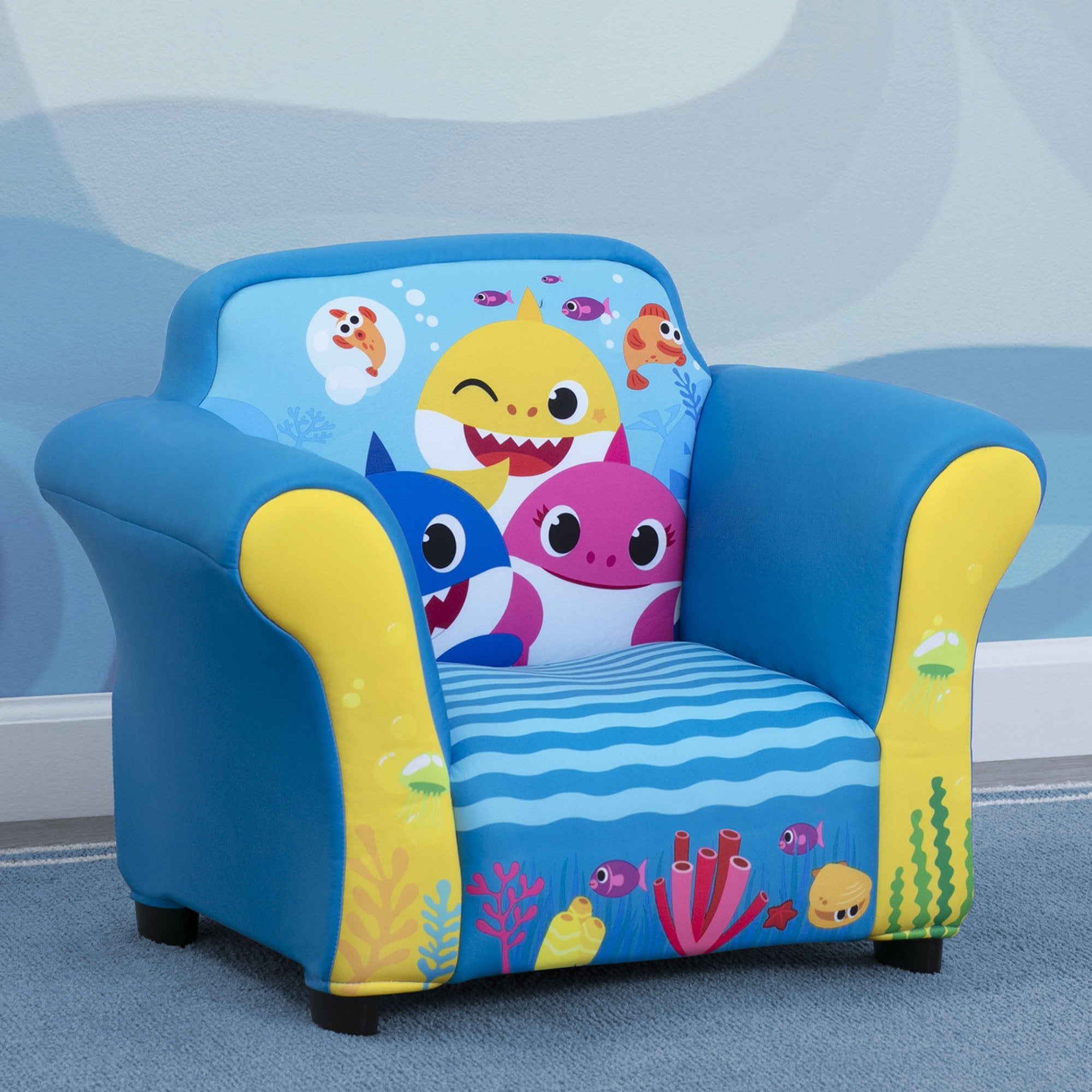 Baby Shark Themed Kids Upholstered Chair with Durable Plastic Frame - Perfect for Nursery, Playroom & Toddler Reading Corner