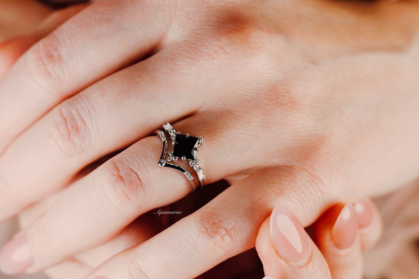 Black Onyx & Meteorite Couples Ring - Matching Wedding Bands for Men and Women - Unique Handmade Promise Rings for Couples - Perfect for Anniversaries, Engagements, and Romantic Gifts