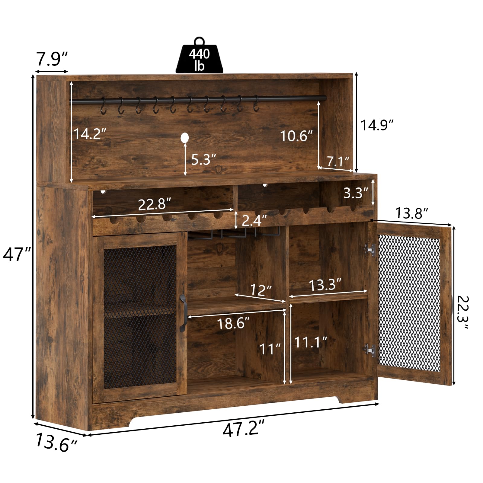 Rustic Wine Bar Cabinet with LED Lights & Glass Holder - Coffee & Liquor Storage Buffet Cabinet with Wine Racks & Mesh Door - Perfect for Home Bars, Dining Rooms & Entertaining Spaces
