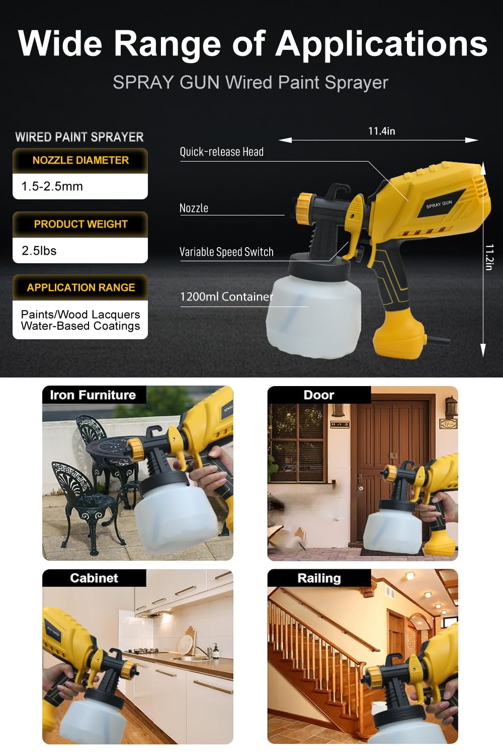 Professional HVLP Paint Sprayer Gun for Home Interior & Exterior Painting - Electric Power Paint Sprayer for Walls, Furniture, Cabinets & DIY Projects - Perfect for House Renovation & Decoration