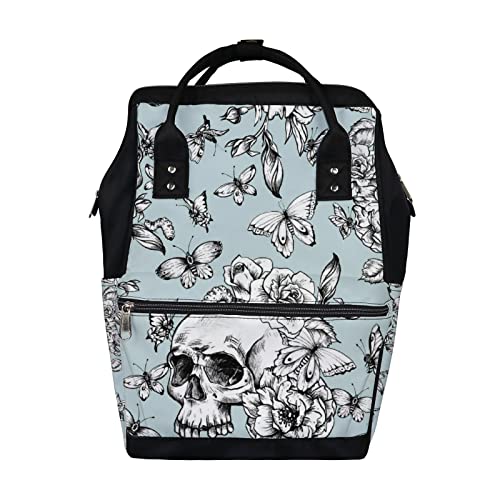 **Goth Skull & Butterfly Floral Diaper Backpack for Women - Large Capacity Baby Changing Bag, Multifunctional Travel Backpack for Moms & Dads (Perfect for Daycare, Travel & Outings)**