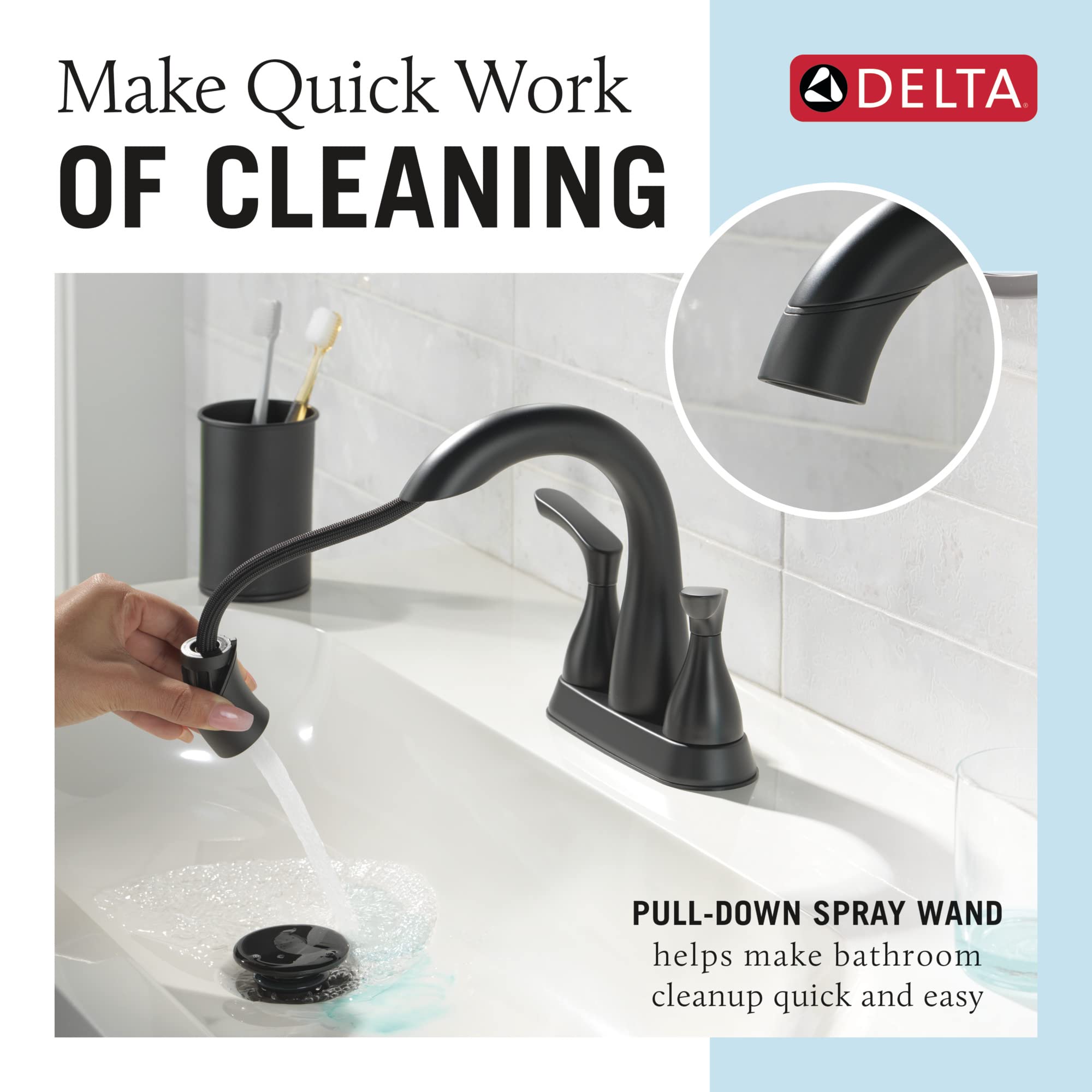 Delta Faucet Broadmoor Pull Down Bathroom Faucet in Matte Black - Centerset Bathroom Sink Faucet with Magnetic Docking Sprayer - Perfect for Modern Bathrooms and Powder Rooms (Model 25765LF-BLPD)