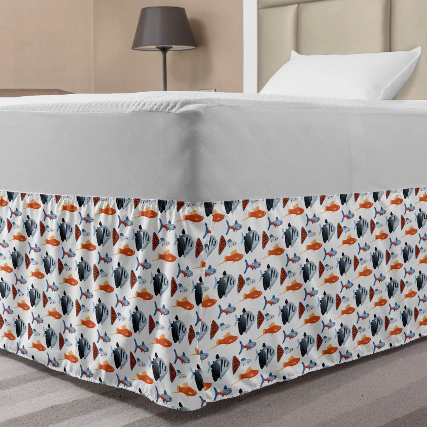 Ambesonne Elastic Bed Skirt with Exotic Freshwater Fish Design - Twin/Twin XL Size, White & Multicolor Wrap Around Dust Ruffle - Perfect for Aquarium Themed Bedrooms, Kids Rooms & Coastal Decor