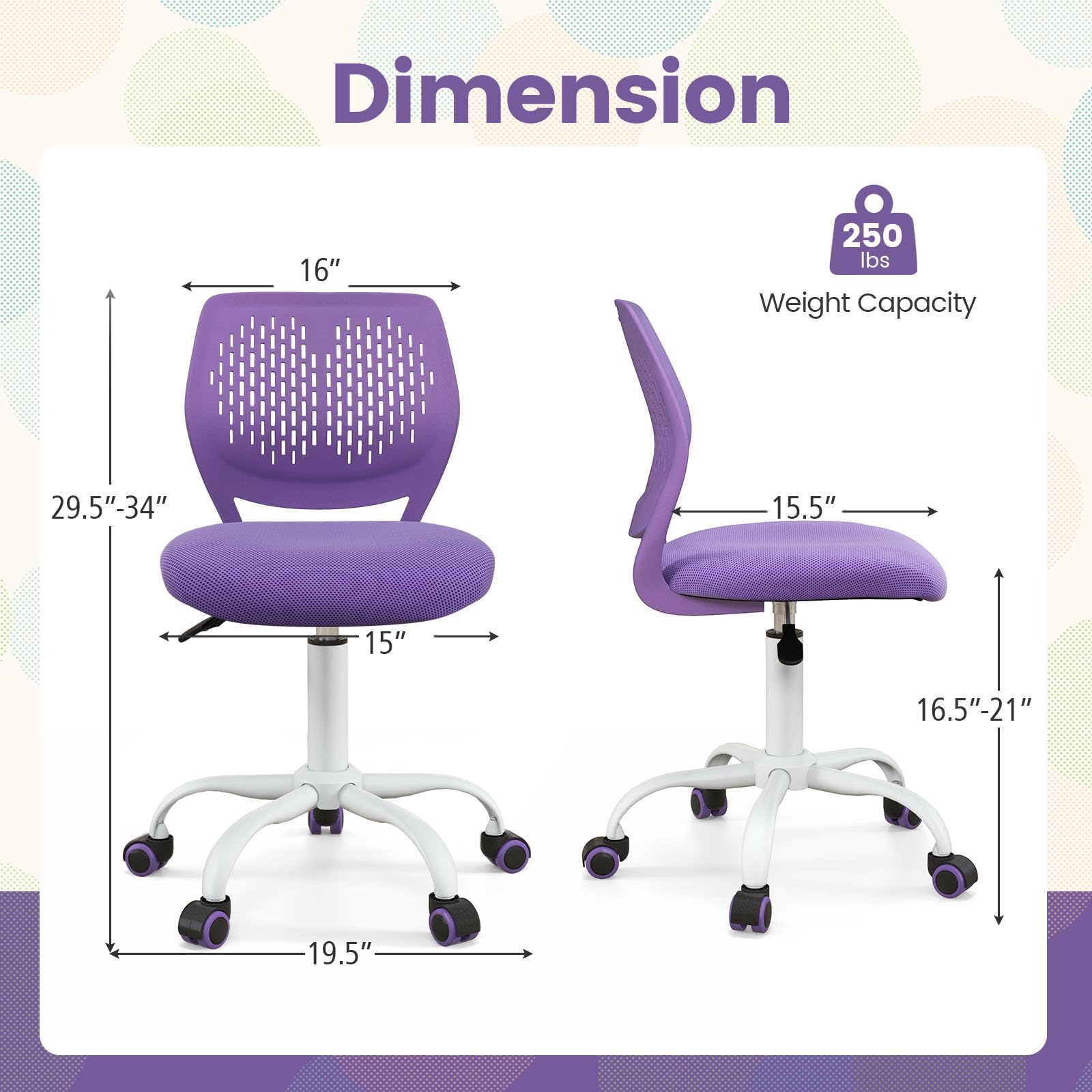 Topment Swivel Office Desk Chair - Ergonomic Armless Task Chair with Breathable Mesh Back & Upholstered Seat, Adjustable Height Computer Chair for Home Office, Study Room, Gaming & Workspace (Purple) - Perfect for Small Spaces, Kids Room & Long Working Hours