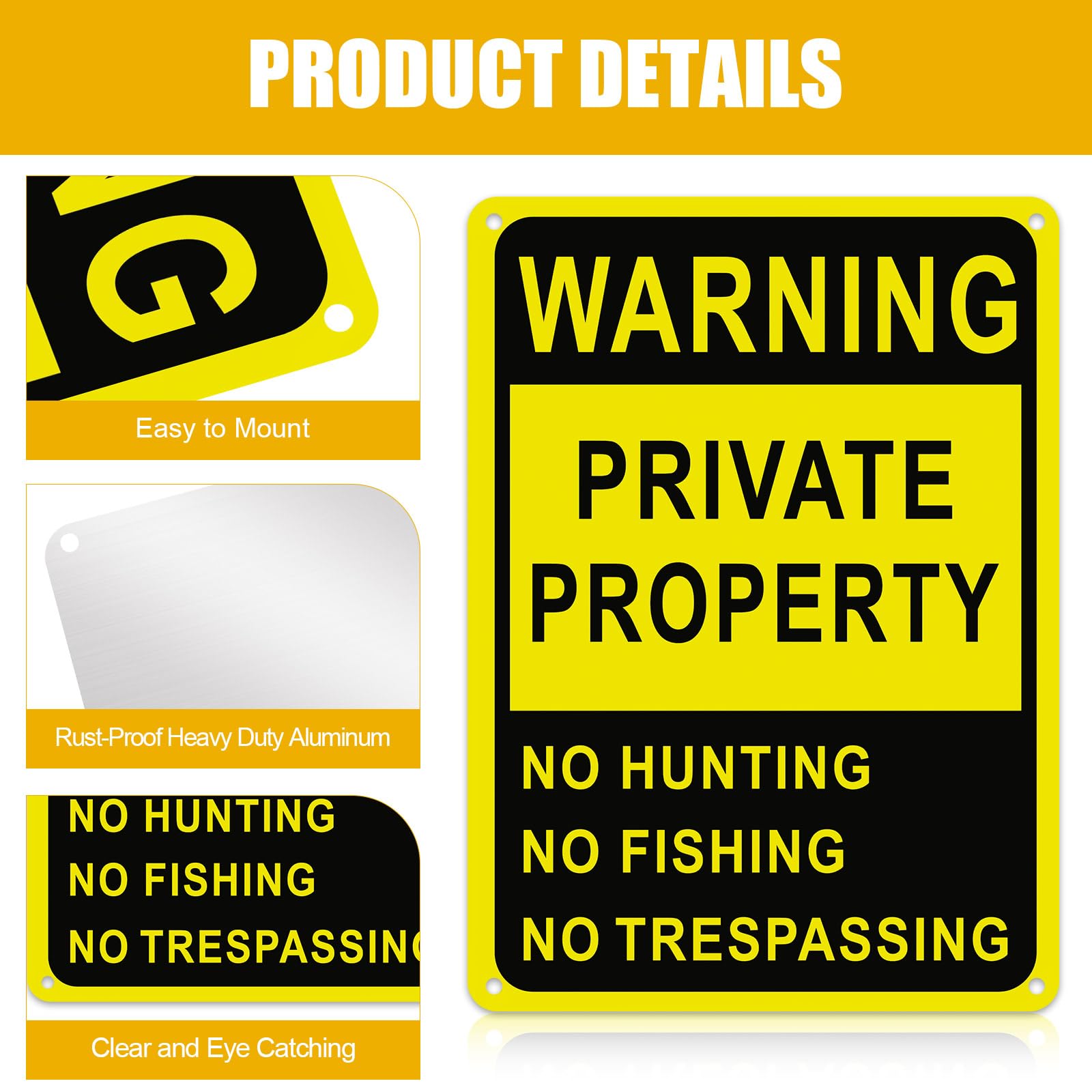 8 Pack Reflective No Trespassing Signs - 10x7 Inch Weatherproof Aluminum Private Property Signs for Hunting, Fishing & Trapping Warning - Durable Indoor/Outdoor Use (Yellow) - Perfect for Farms, Construction Sites & Backyards
