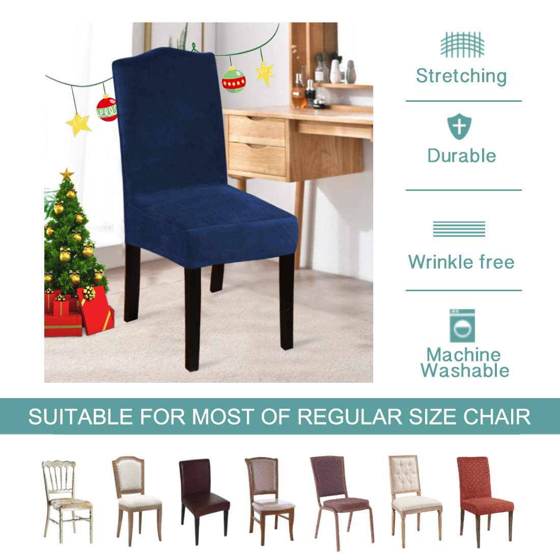 Luxury Navy Blue Velvet Dining Chair Covers Set of 6 - Stretchable Slipcovers for Kitchen Chairs, Removable Seat Covers for Home, Restaurant, Wedding & Events - Perfect for Dining Room Decor & Ceremony Seating