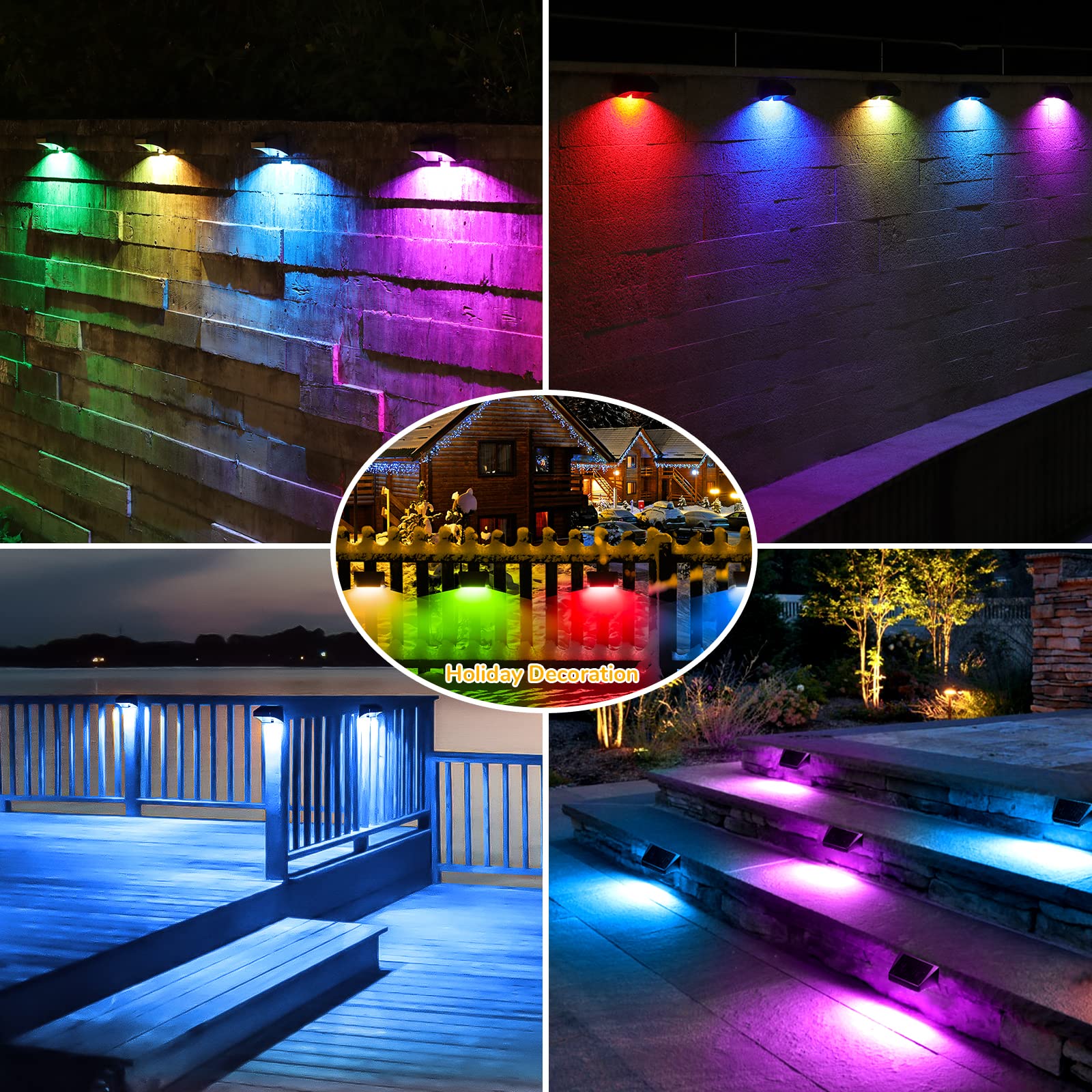 AGPTEK 10 Lighting Modes Solar Fence Lights - Warm White, RGB Color Changing & Fixed Colors, IP65 Waterproof Outdoor Solar Wall Lights with Detachable Lampshade (8 Pack) for Yard, Patio, Garden, Pathway, and Step Lighting