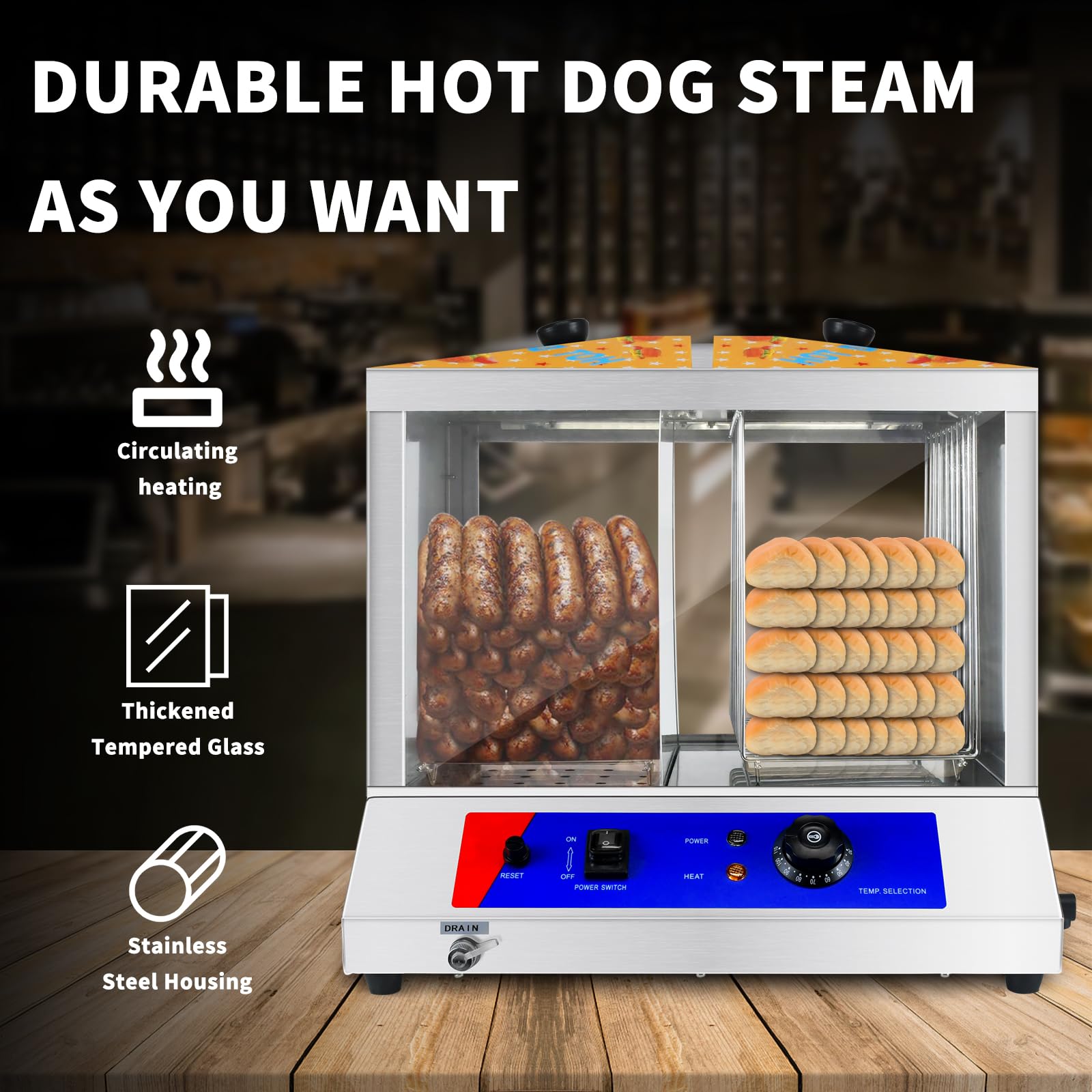 36L Electric Hot Dog Steamer & Bun Warmer - Commercial Grade Stainless Steel with Tempered Glass - Holds 100 Hot Dogs & 50 Buns - Perfect for Restaurants, Food Trucks & Catering Events