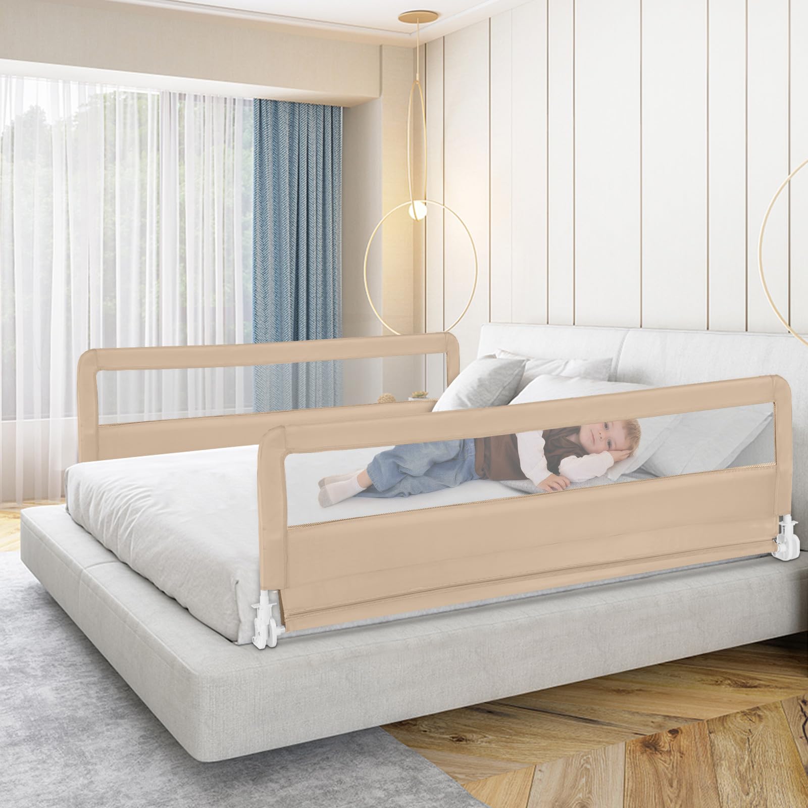HONEY JOY Extra Long 71-inch Bed Rail for Toddlers - Portable Safety Bed Guardrail with Double Child Lock, Foldable Baby Bed Rail for King, Queen, Full & Twin Size Mattresses (Beige, 2-Pack) - Perfect for Travel, Home & Child Safety