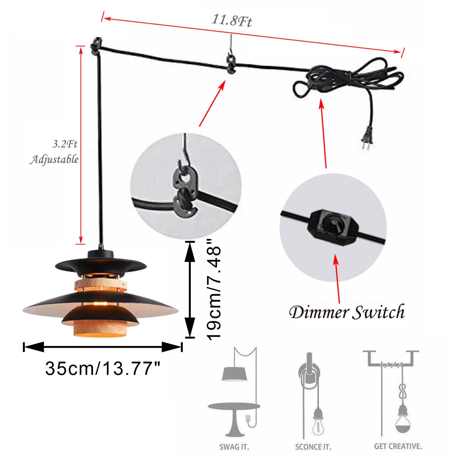 15 Ft Dimmer Switch Black Cord Hanging Lamp with E26 Base - Black Metal & White Birch Pendant Light Fixture for Loft, Bedside, Bay-Window, Laundry Room, Kitchen, Bar - No Bulb Included | Perfect for Modern Home and Office Lighting Decor