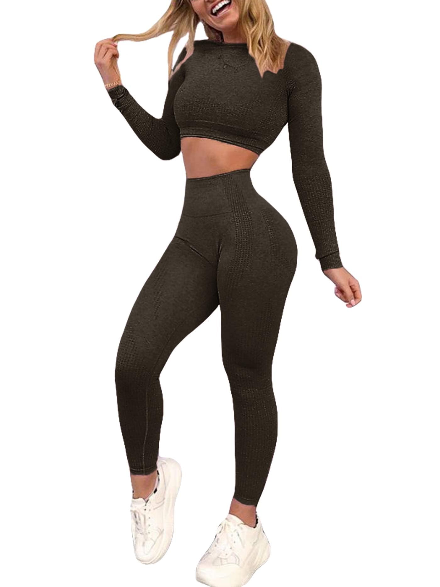 Seamless High Waist Yoga Leggings & Long Sleeve Crop Top 2-Piece Workout Set for Women - Gym, Yoga & Running Outfit