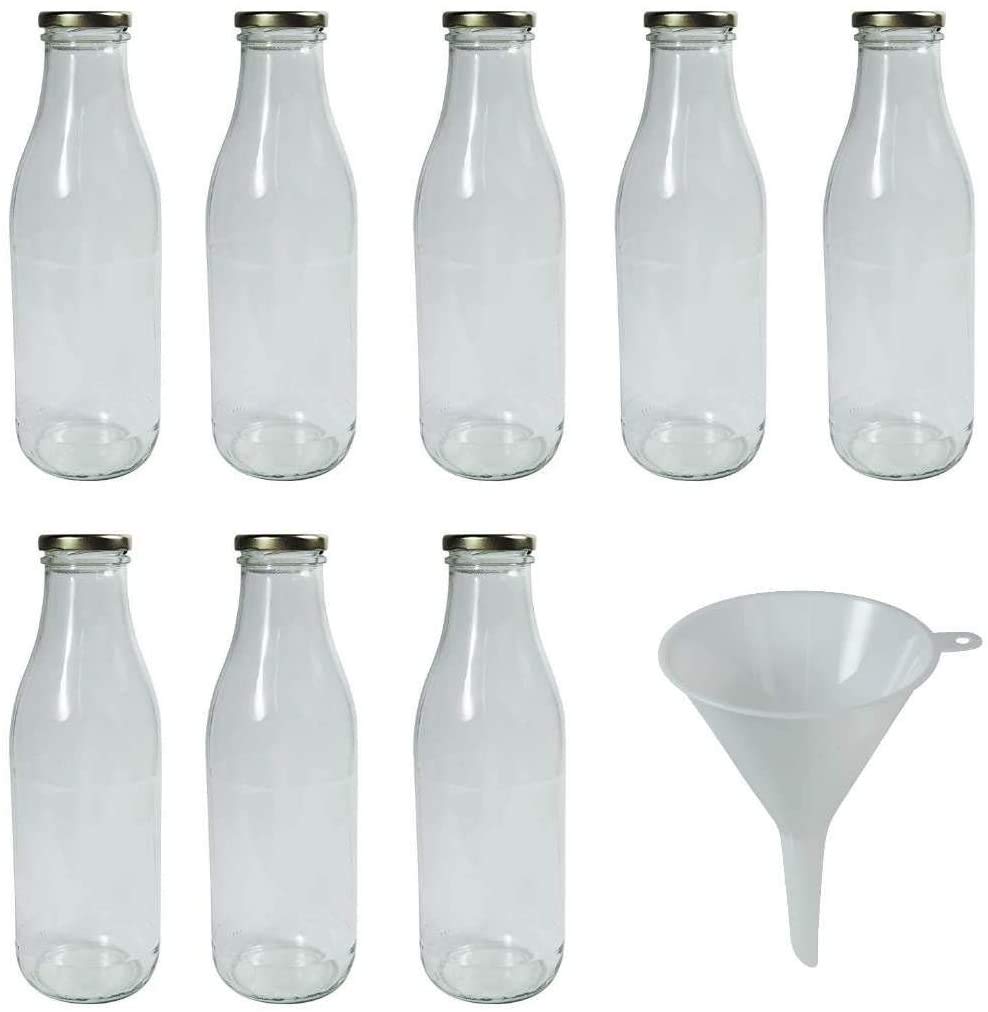 Viva Household Essentials Set of 8 Wide-Mouth Glass Bottles (1.0L) with Funnel - Perfect for Juice, Infused Water, DIY Beauty & Kitchen Storage