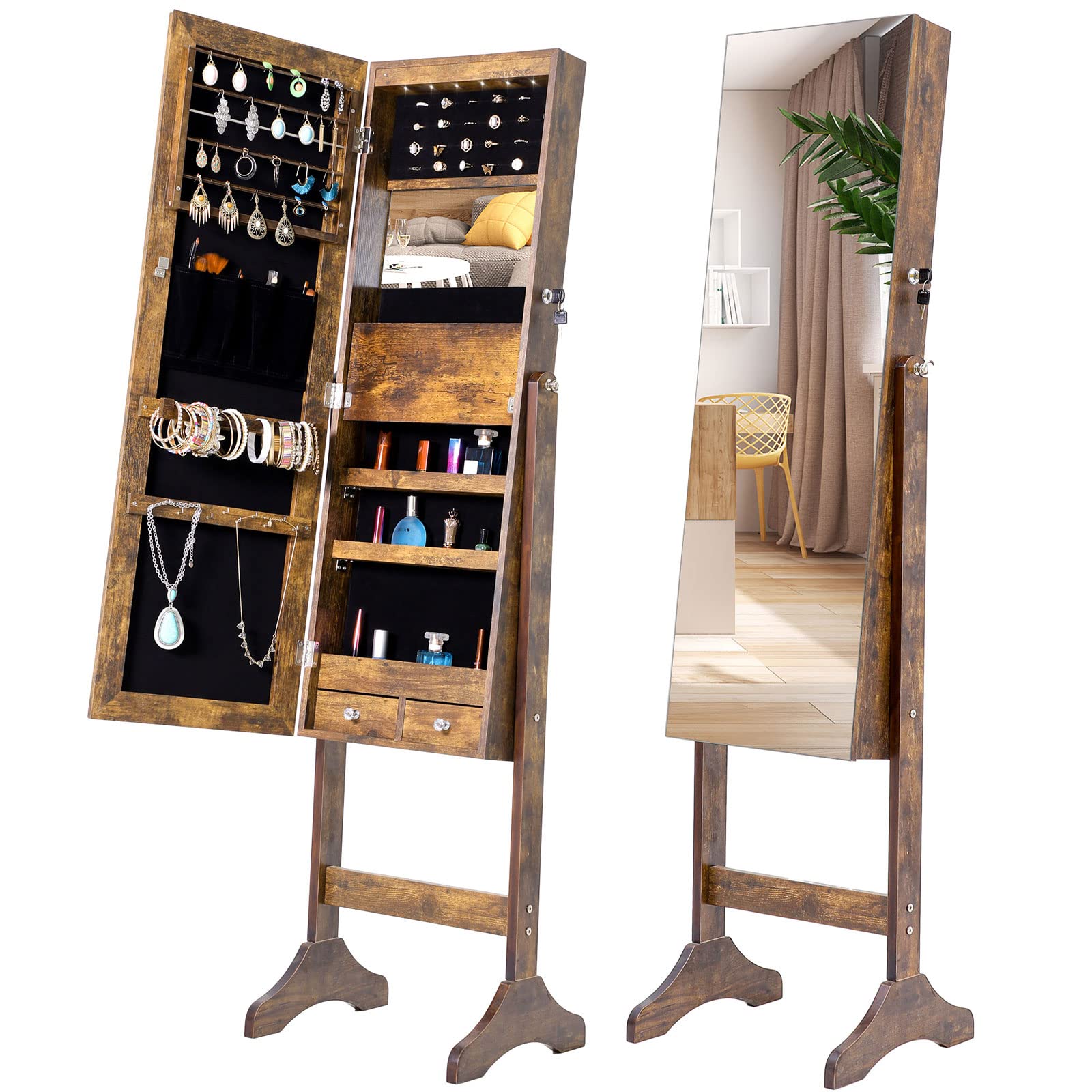 Goujxcy 6 LED Jewelry Organizer Cabinet with Full-Length Mirror - Large Lockable Wooden Jewelry Armoire with Storage - Perfect for Bedroom, Closet & Dressing Room (Grey)