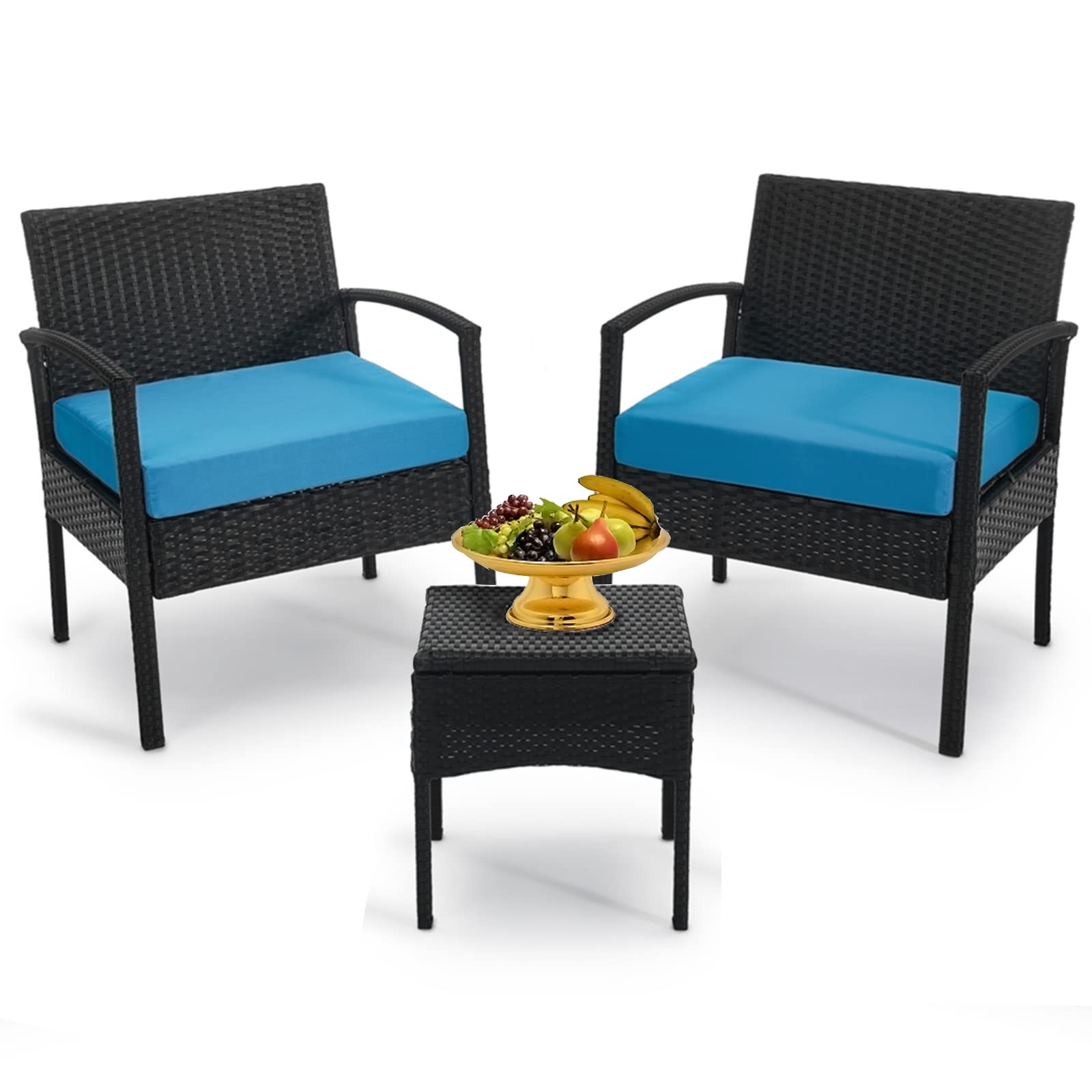 3-Piece Outdoor Patio Furniture Set - Wicker Chairs with Table & Cushions for Balcony, Backyard, Porch - Blue Bistro Set for Relaxing & Entertaining