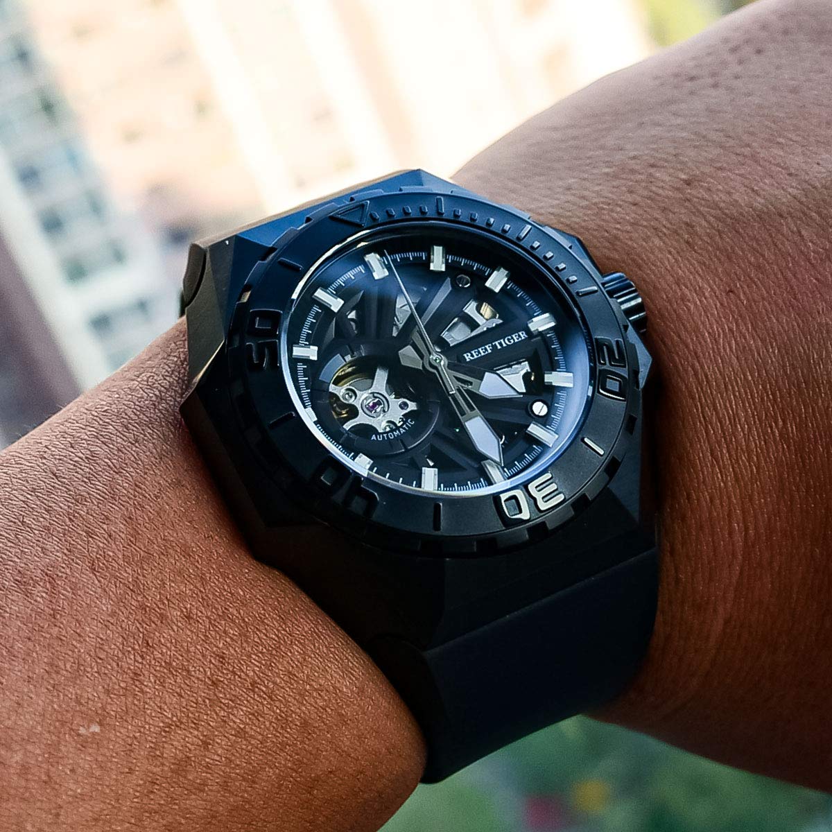 REEF TIGER Men's Military Dive Watch - Automatic Mechanical Skeleton Watch with Rubber Strap RGA6903-S | Waterproof Tactical Watch for Outdoor, Swimming & Daily Wear