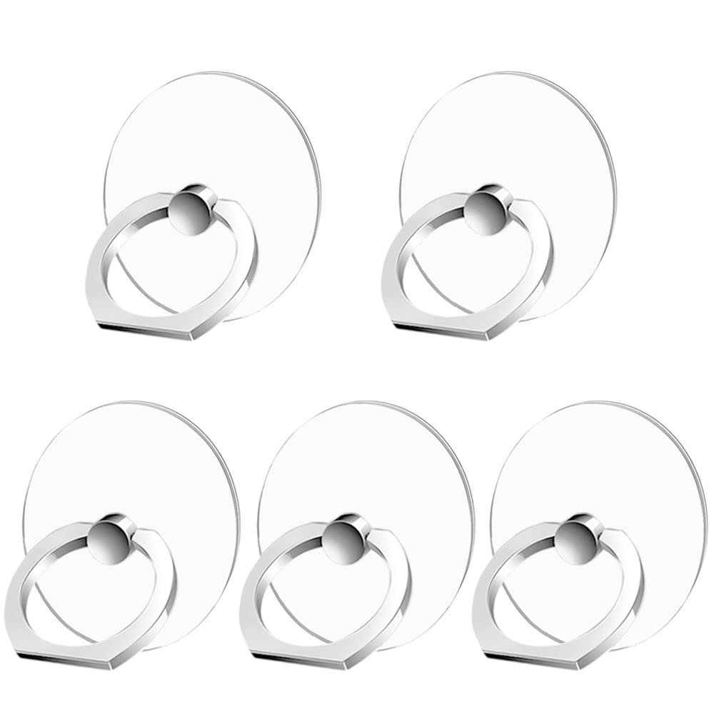 5 Pack Silver & Transparent Phone Ring Holder Stand - 360° Rotating Finger Grip Kickstand for Phone Cases | Perfect for Hands-Free Viewing, Gaming & Selfies