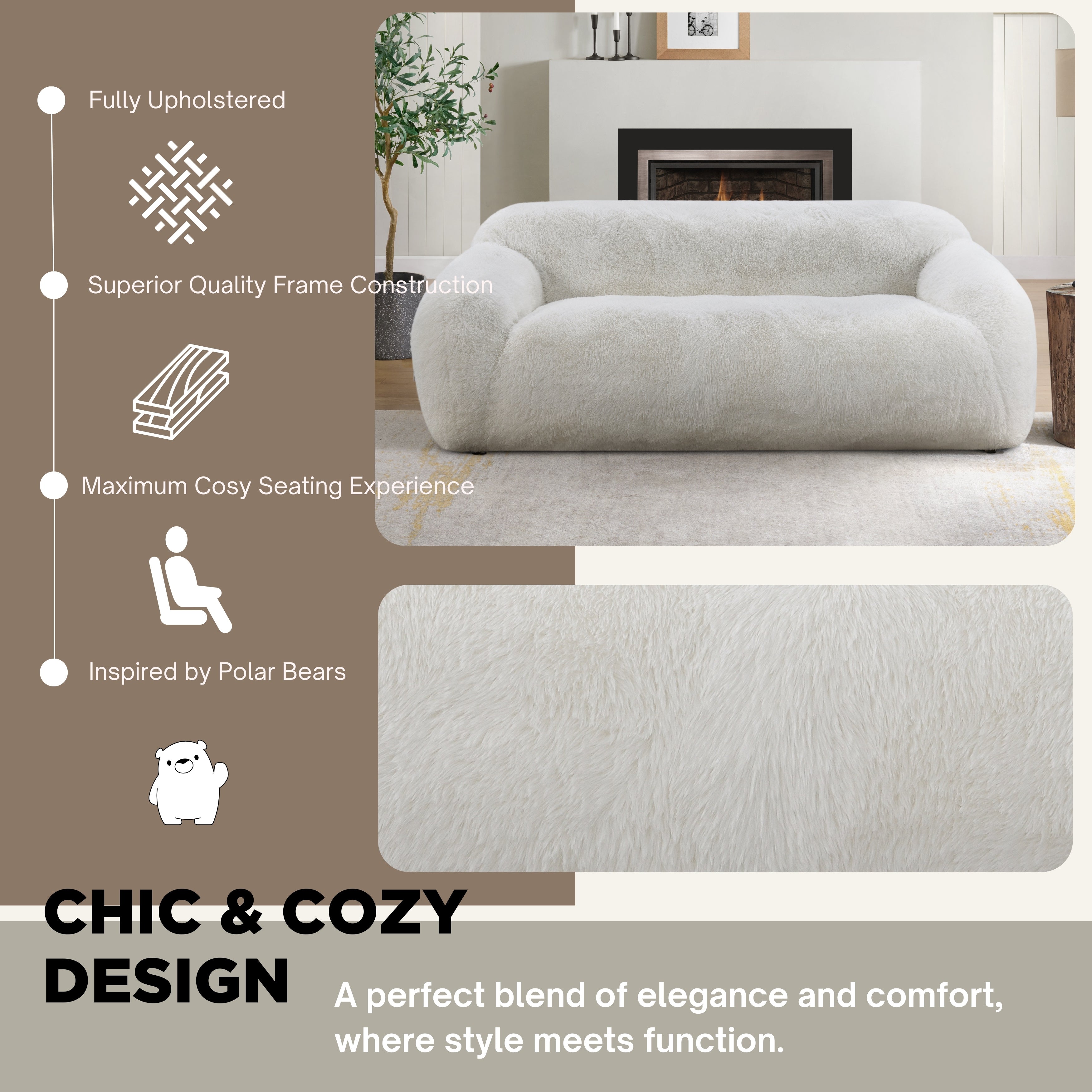 Roundhill Furniture Adell Polar Bear 2-Piece Living Room Set - Sofa & Swivel Chair for Cozy Home Decor | Perfect for Small Spaces, Apartments & Family Gatherings