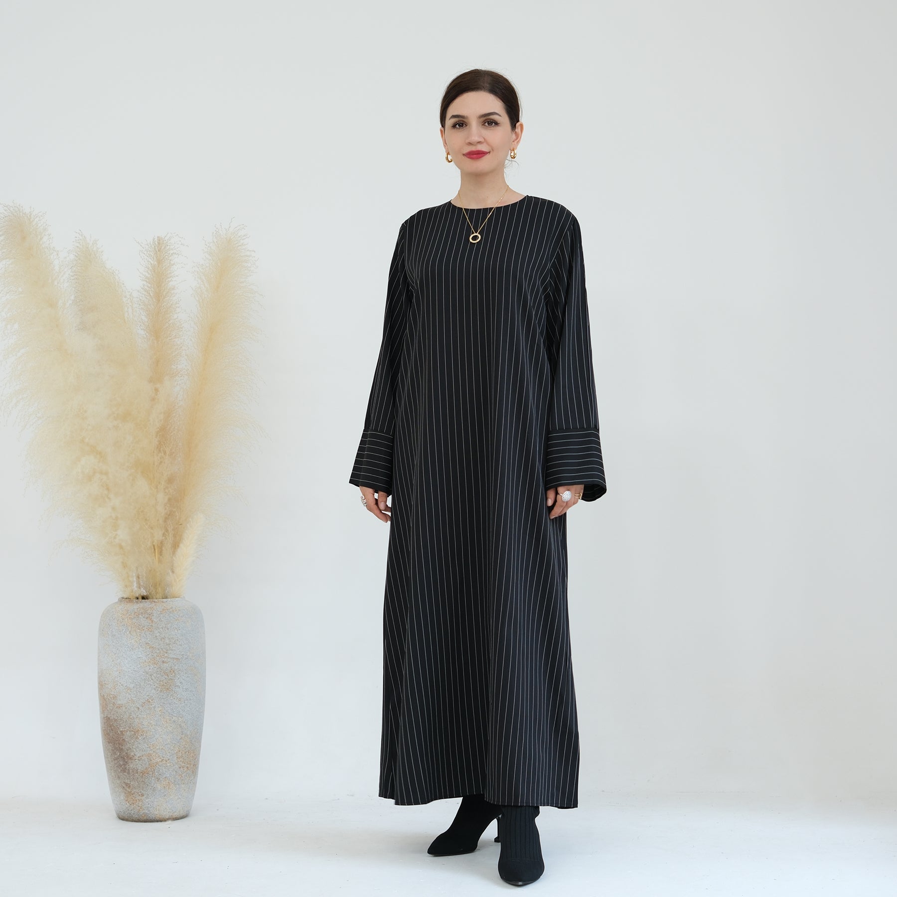 Janine Stripe Long Sleeve Belted Maxi Dress for Women - Elegant Black Flowy Dress for Parties, Weddings & Special Occasions