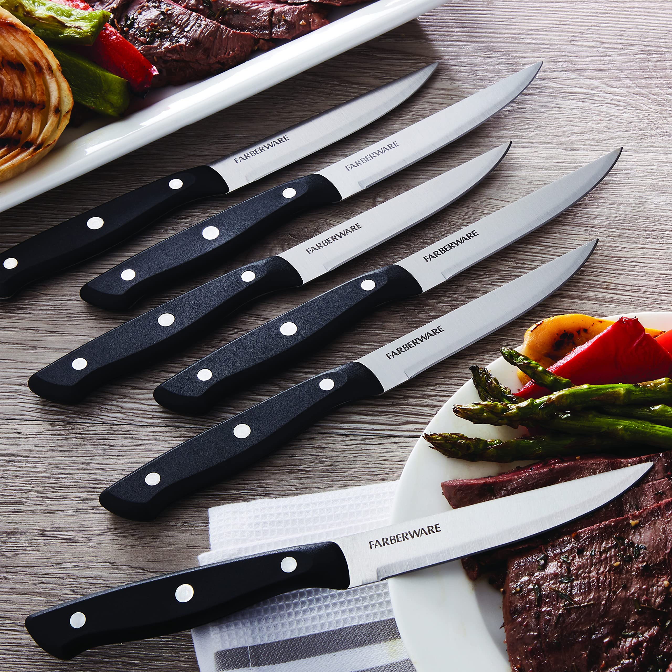 Farberware 6-Piece Triple Riveted Steak Knife Set - High Carbon Stainless Steel with Razor Sharp Blades - Perfect for Steak Dinners, BBQ Parties & Fine Dining