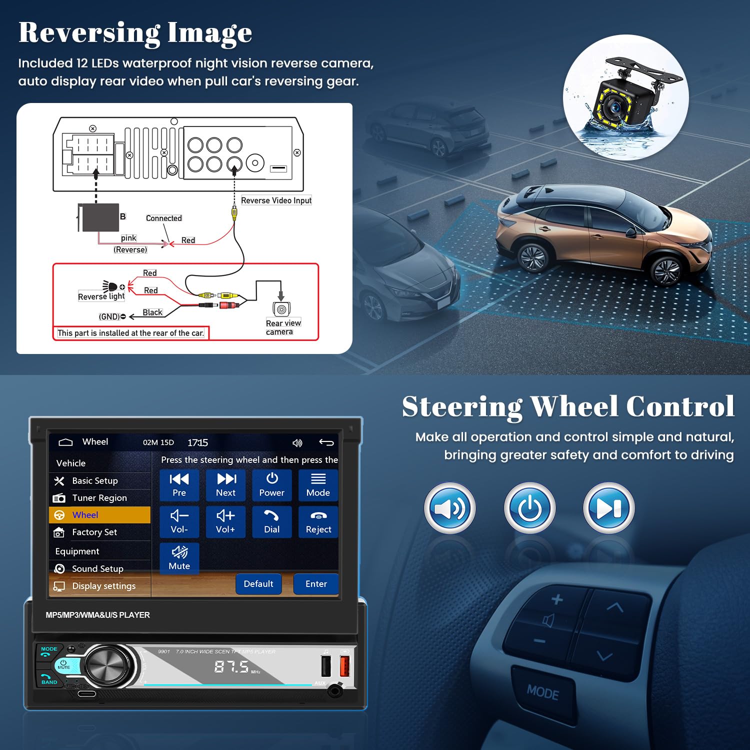 Hikity 7 Inch Wireless CarPlay & Android Auto 1 DIN Car Stereo with Retractable Touch Screen, Bluetooth Radio, EQ FM AM, AUX TF, Rear Camera - Perfect for Commuting, Road Trips & Hands-Free Driving