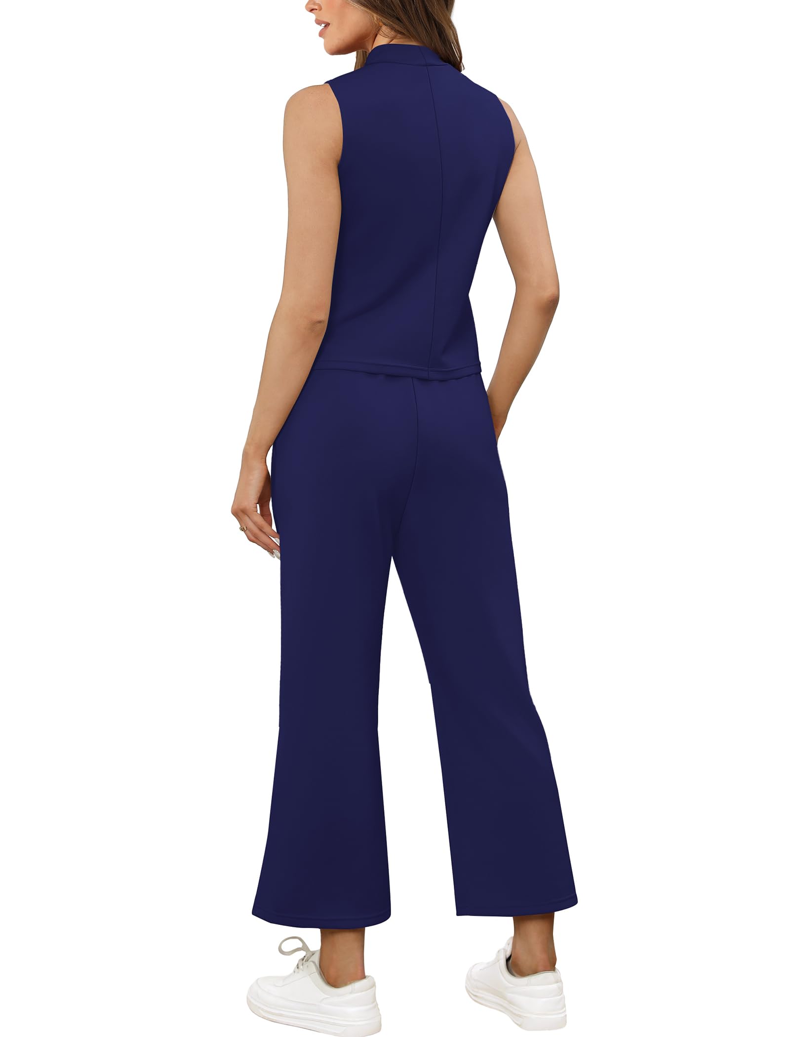 Women's Summer Two Piece Outfit Set - Mock Neck Top & Wide Leg Crop Pants | Lounge Wear, Vacation Travel Clothes | Casual Comfort Outfits for Beach, Brunch & Relaxation