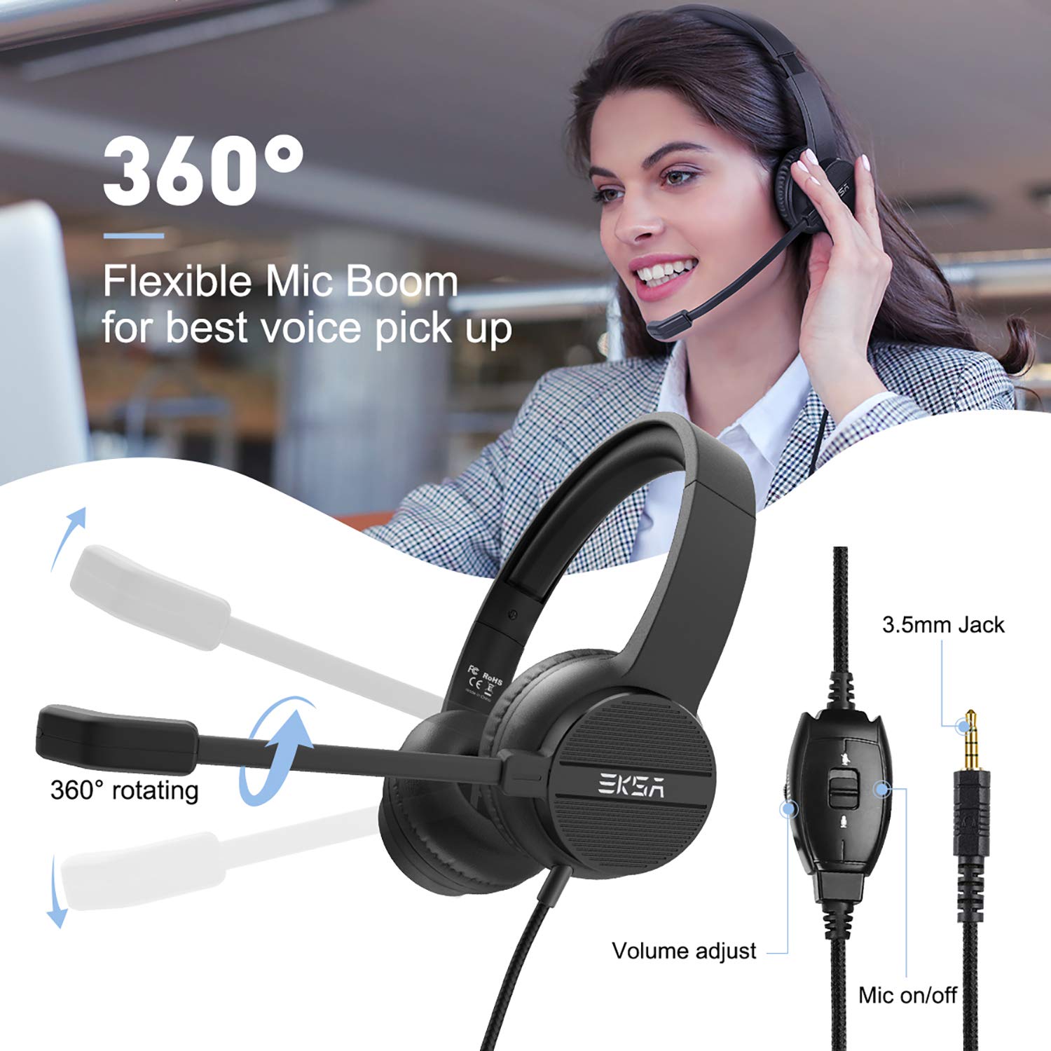 EKSA H12 Wired PC Headset with Microphone, 3.5mm Business Headset with Mute Button & Volume Control, Clear Stereo Sound for Office/Call Center/Home Office - Perfect for Skype, Zoom, Teams Meetings & Remote Work