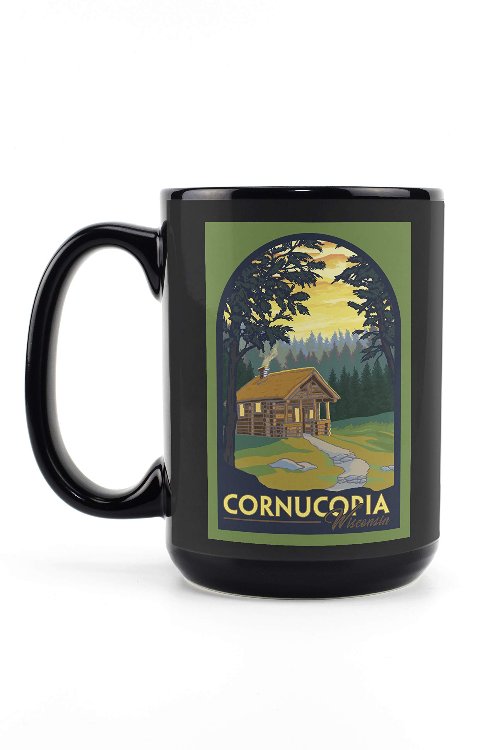 Lantern Press Cornucopia Wisconsin Cabin in the Woods 15oz Black Ceramic Coffee Mug - Microwave & Dishwasher Safe - Perfect for Camping, Home Decor & Cozy Winter Mornings