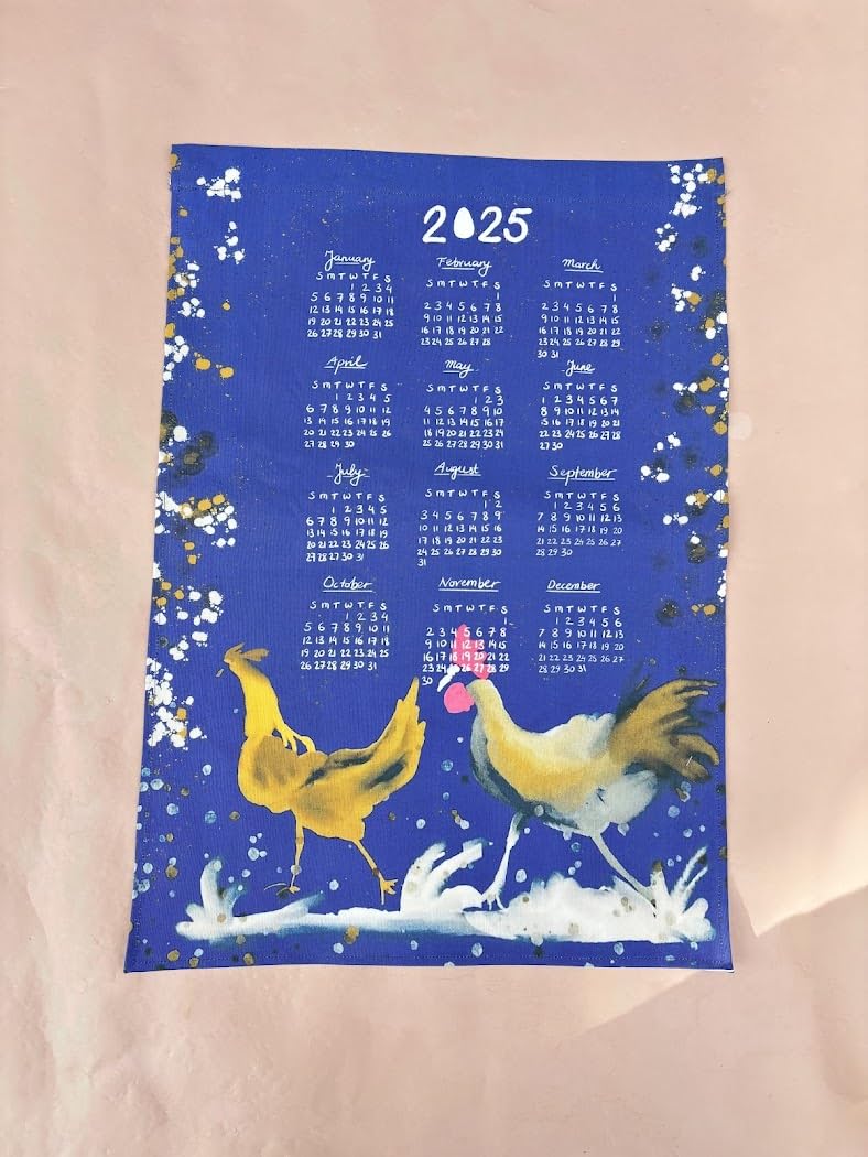 2025 Farm Animal Calendar Towel - Rooster Design, Linen Cotton Blend, Eco-Friendly Gift for Home Decor, Kitchen, Bathroom & Farmhouse Style