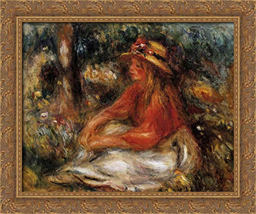 Pierre Auguste Renoir Young Woman Seated On The Grass 24x20 Inch Gold Ornate Wood Framed Canvas Art Print - Perfect for Living Room, Bedroom & Office Wall Decor