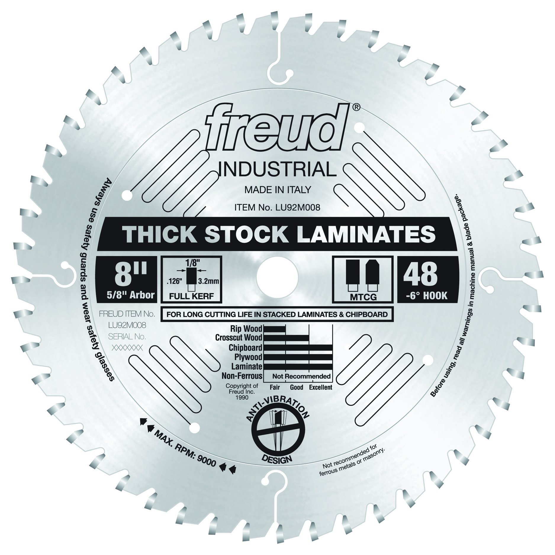 Freud LU92M008 8-Inch 48-Tooth Thick Stock Laminate Saw Blade - Perfect for Cutting Laminate Flooring, Plywood, and MDF - Ideal for Table Saws and Miter Saws