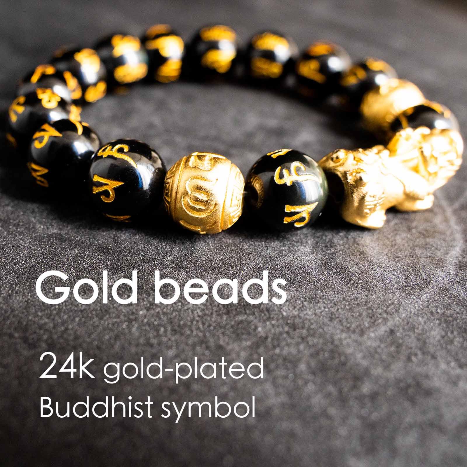 24K Gold Plated PiXiu Feng Shui Bracelet with Obsidian Beads - Dragon Protection Lucky Wealth Bracelet for Men & Women (12mm) - Meditation, Stress Relief & Spiritual Jewelry for Business Success & Positive Energy