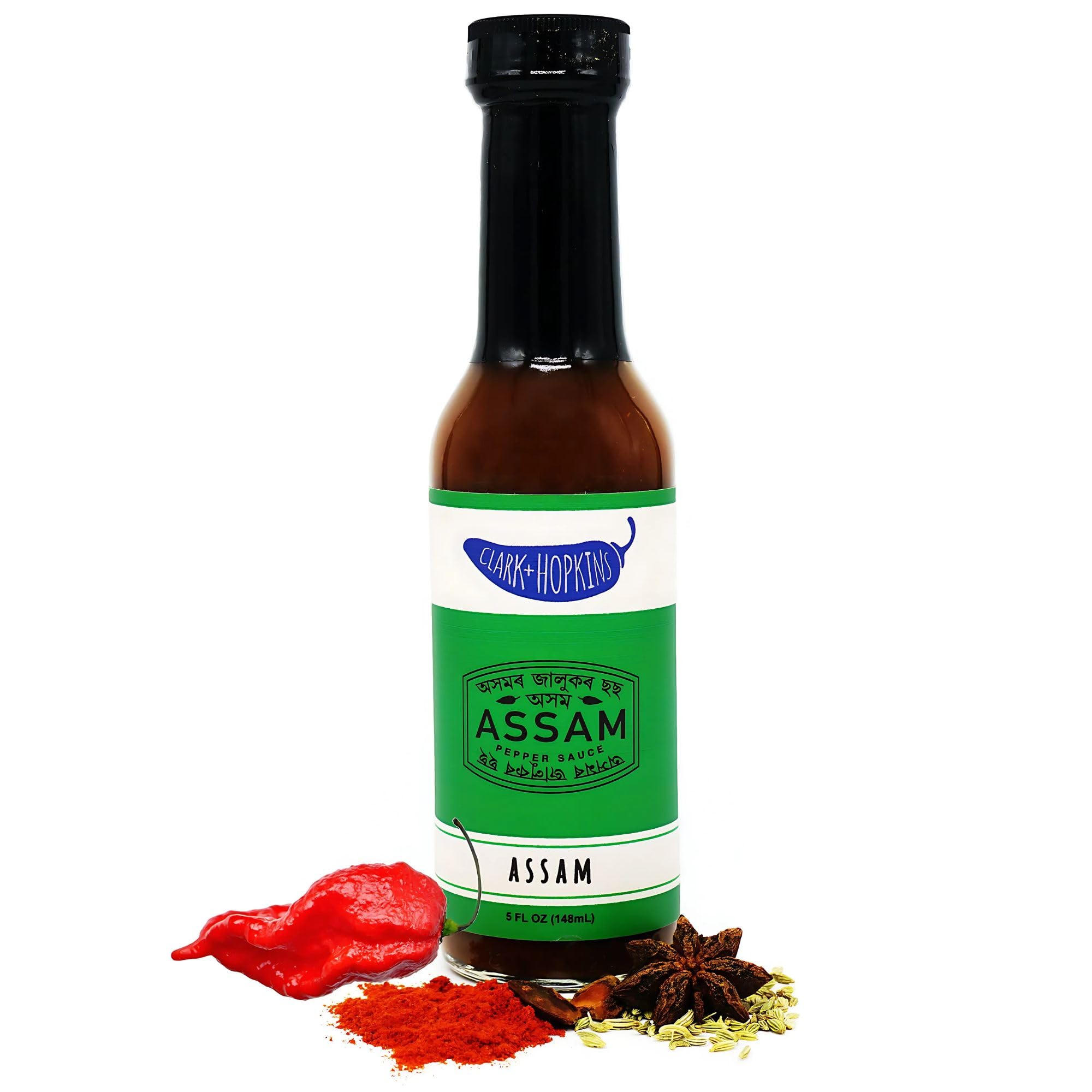 Clark + Hopkins Assam Pepper Sauce - Ghost Pepper Curry & 7 Pot Primo Chili Hot Sauce | Authentic Assamese Cuisine | 5oz Bottle | Perfect for Wings, Tacos & Curry Dishes