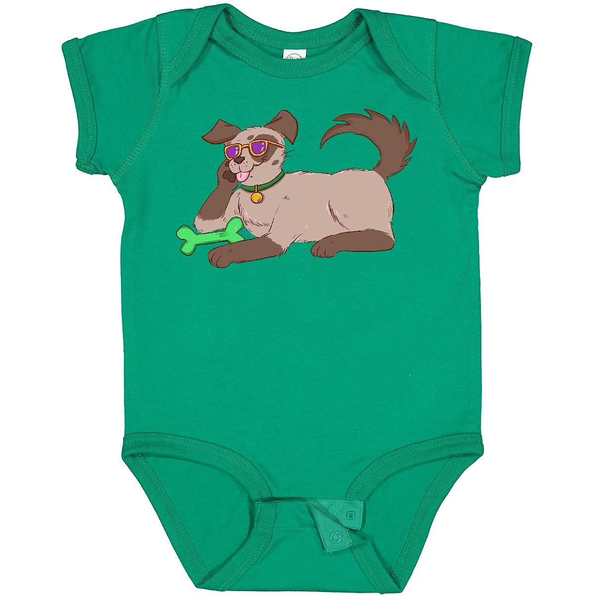 Inktastic Summer Dog in Glasses with Green Bone Baby Bodysuit - Cute Pet-Themed Outfit for Infants, Toddler Summer Clothes, Playdate & Photo Shoot Outfits