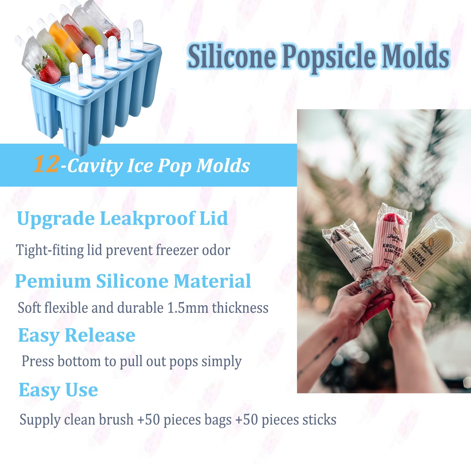 Wpunwen 12 Cavity Silicone Popsicle Molds with Sticks - Reusable Ice Cream Molds Set Includes 50 Sticks, 50 Bags & Cleaning Brush (Blue) - Perfect for Summer Treats, Kids Snacks & Homemade Frozen Desserts